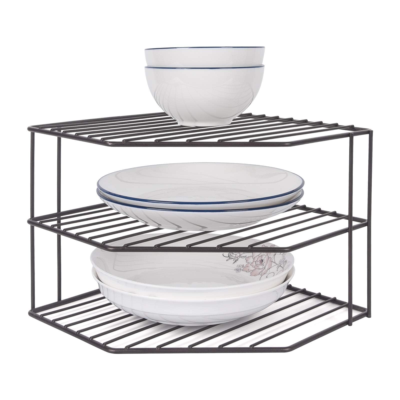 3-Tier Corner Shelf Counter and Cabinet Organizer - Steel Metal Wire - Rust Resistant - Plates, Dishes, Cabinet & Pantry Organizer - Kitchen Organization (10 x 7.5 Inch)(Black)