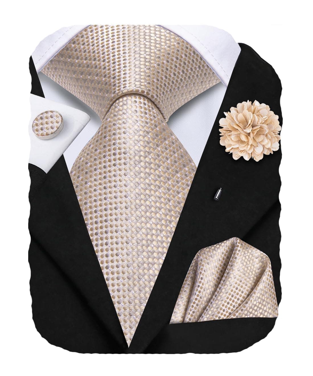 Champagne Dot Men's Silk Tie Set Silk Formal Necktie Handkerchief Lapel Pin Set