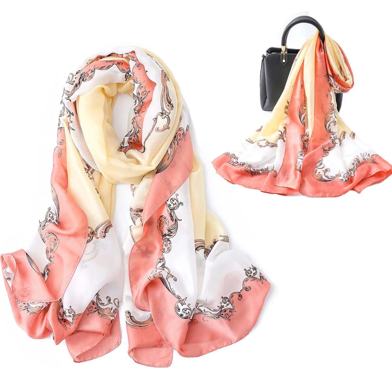 KASTWAVE Silk Scarf for Women Lightweight Fashion Scarves Large Sunscreen Shawls Wraps Print Design Pattern Satin Long Scarf for Ladies 71"x35"