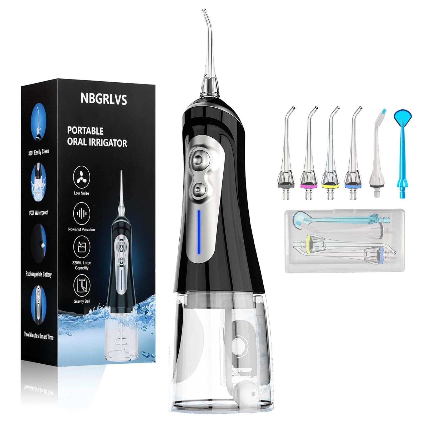 NBGRLVS Water Dental Flosser Cordless - Rechargeable IPX7 Waterproof Teeth Pick Flossing Cleaner,Portable 320ml Tank 6-Mode Oral Irrigator for Teeth/Braces/Tongue,Storage Box for Travel & Home