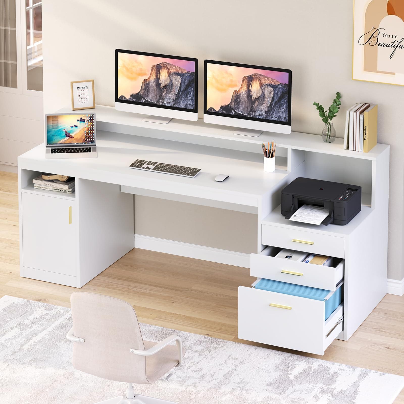 Computer Desk with 3 Drawer & Storage Shelves, Home Office Desk with File Drawer & Cabinet, Writing Study Table with Long Monitor Stand & Printer Shelf, Executive Desk, White