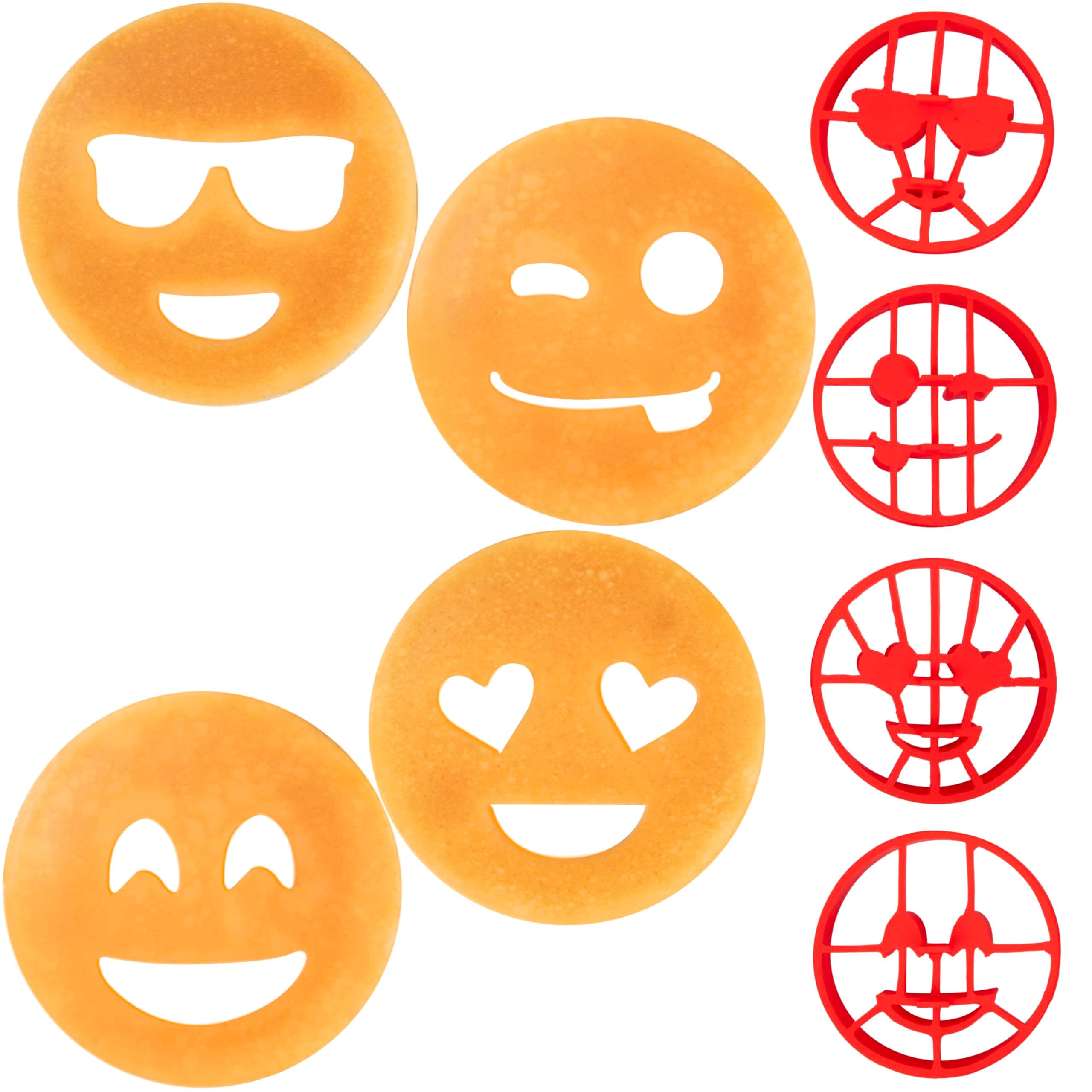 Official Emoji License Pancake Molds for Kids & Adults- 4 Pack Smiley Face Shapes- Reusable Silicone Pancake Art Stencil Designs- Add Fun Character to Breakfast w Egg Rings- Easter Sunday Brunch