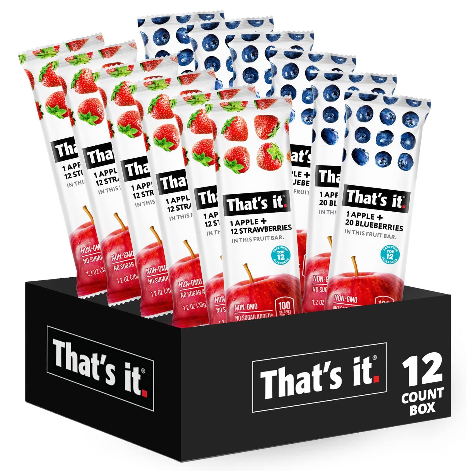 That's it. Fruit Bars 12 Variety Pack (6 Strawberry, 6 Blueberry) 100% Natural Real Fruit Bar, High Fiber Vegan, Gluten Free, Paleo, Non-GMO, No Sugar
