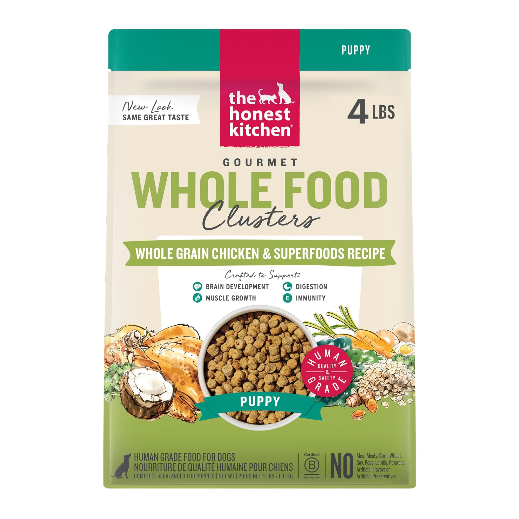 Human Grade Dry Dog Food, Whole Food Clusters Puppy Whole Grain Dry Dog Food,Chicken, 4 lb Bag