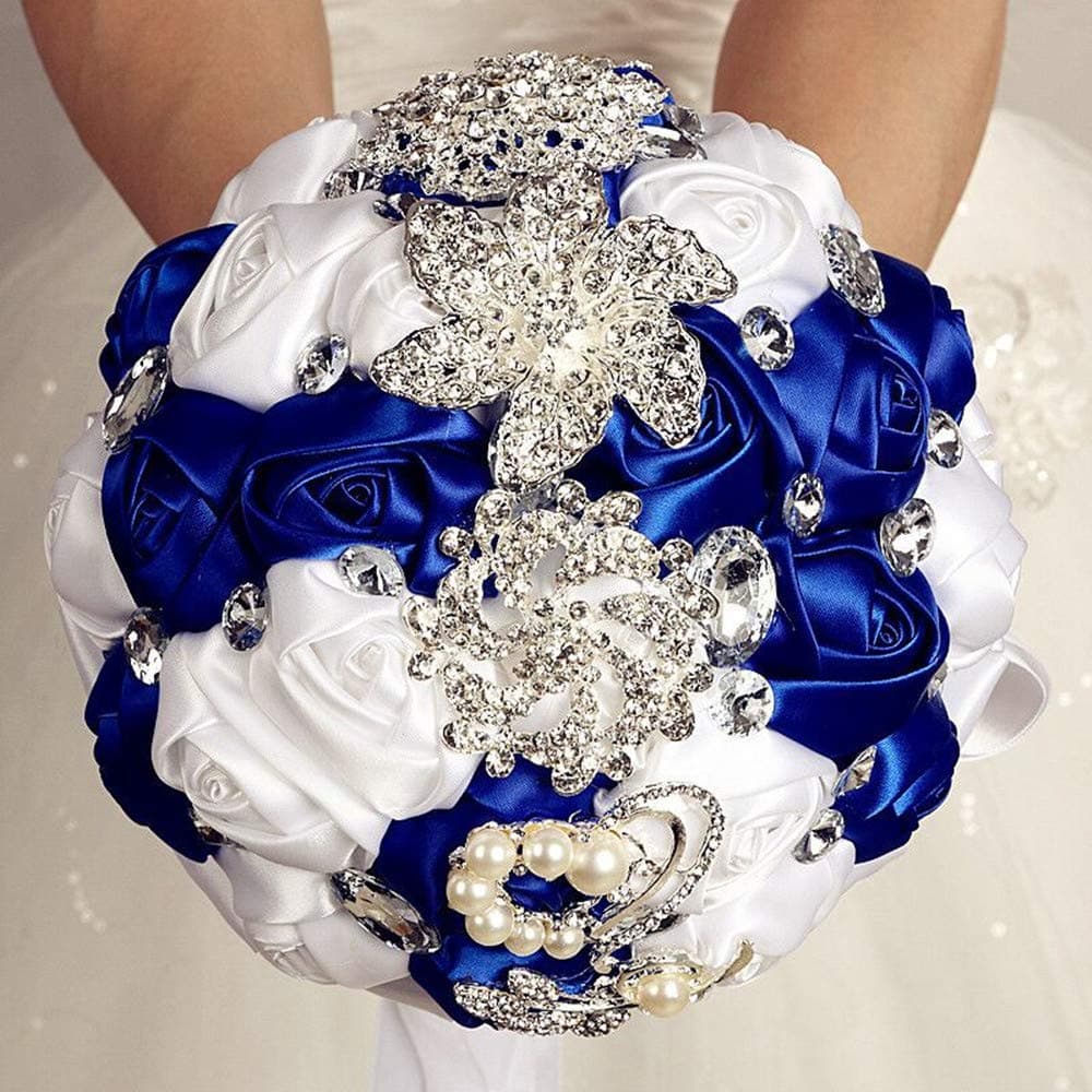 Flonding Wedding Bouquets Crystal Satin Rose Bride Bridal Bouquet Romantic Bridesmaid Holding Flower for Valentine's Day Confession Party Church Decor (Royal Blue White)
