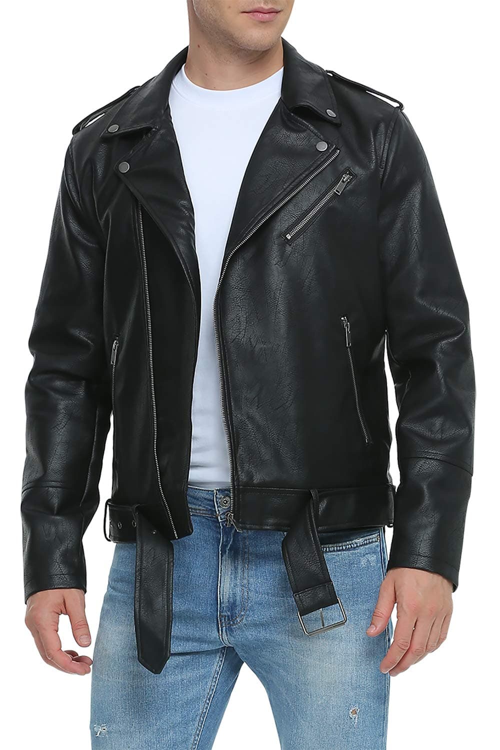 Leather Jackets for Men, Faux Bomber Jacket Men Motorcycle Lapel Asymmetric Zip-Up Blet Slim Fit Biker Coat
