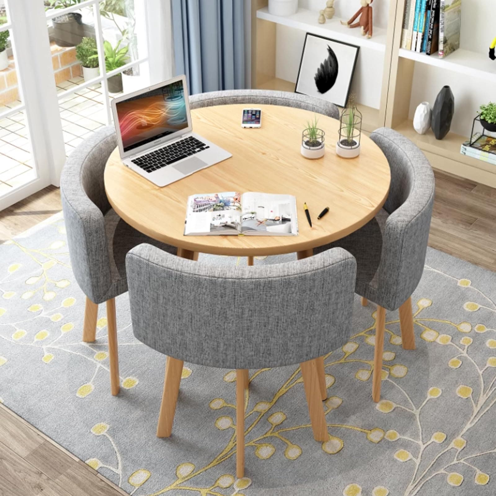 Round Kitchen Dining Table Set for 4, Space Saving Table and Chairs Set with Thick Tabletop 4 Upholstered Chairs, Dinning Room Modern Casual Coffee Table Set(D 31.5inch/80cm, Light grayA)