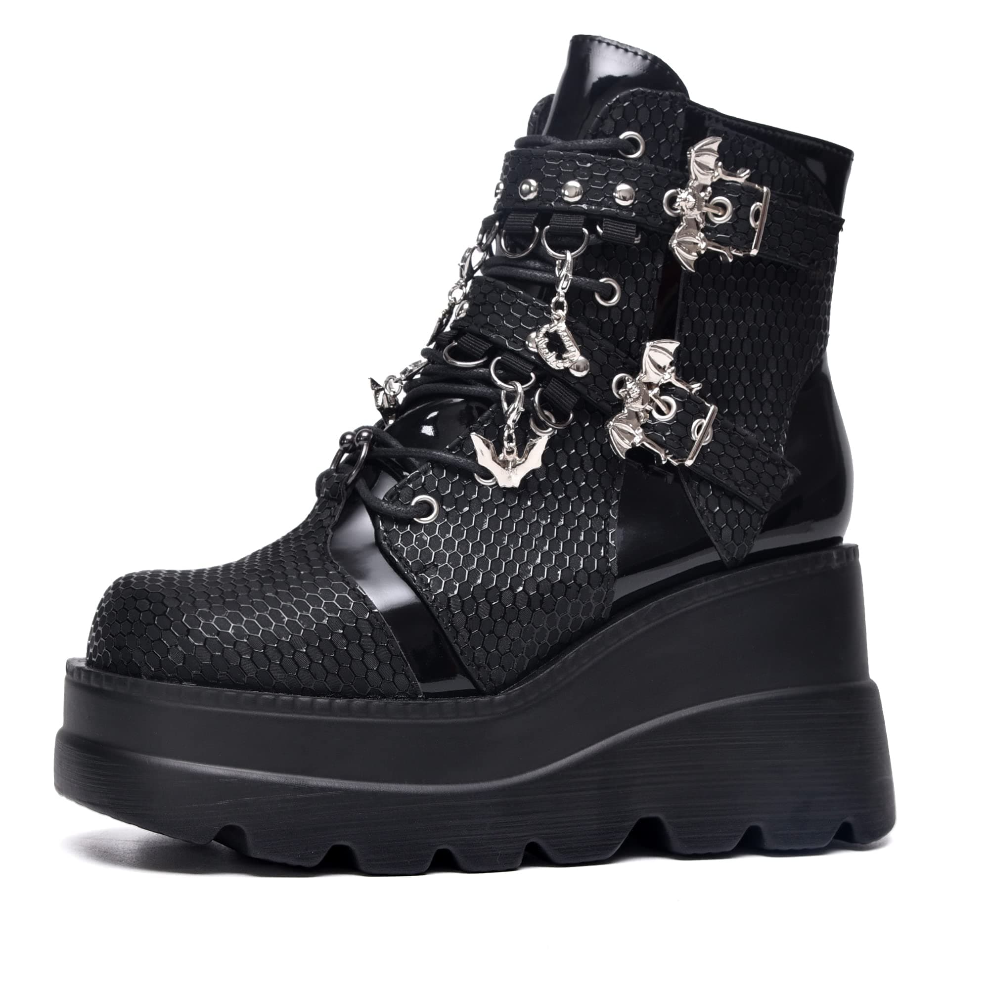 Platform Goth Ankle Boots for Womem Black Holographic Combat Chunky Heel Boots with Side Zip Lace Up Wedge Booties US5.5-11