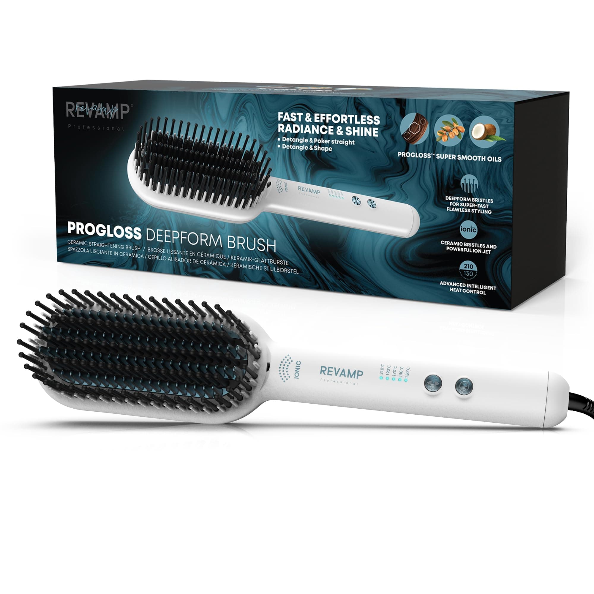 – REVAMP Deepform Ceramic Straightening Brush - Hair Straightening Paddle Hot Brush, Ionic Technology, Extra Long Heated Bristles for Frizz Free Hair, Oil Infused for Salon Professional Shine, White