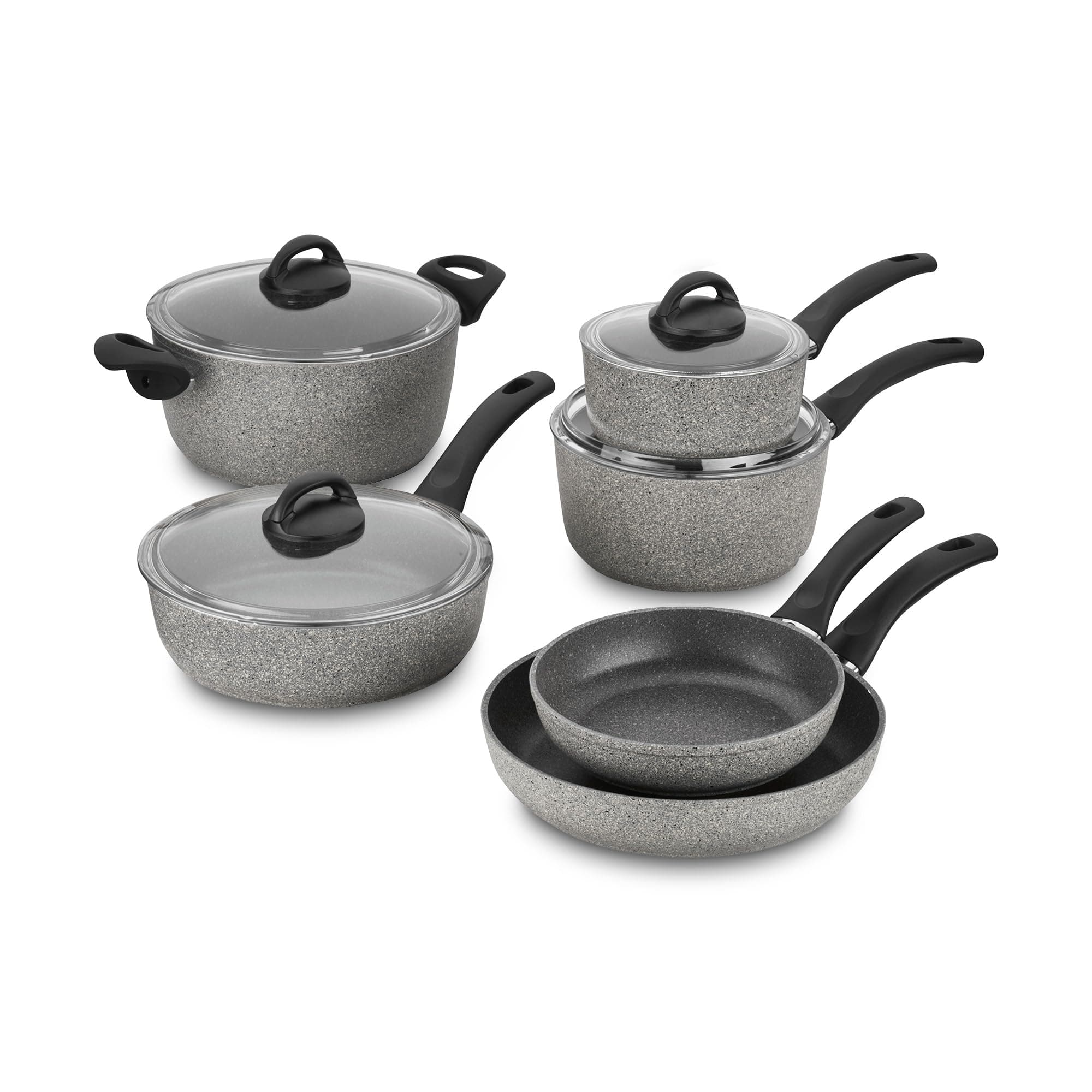 Parma by HENCKELS 10-pc Nonstick Pot and Pan Set, Made in Italy, Set includes fry pans, saucepans, sauté pan and Dutch oven with lid,Gray