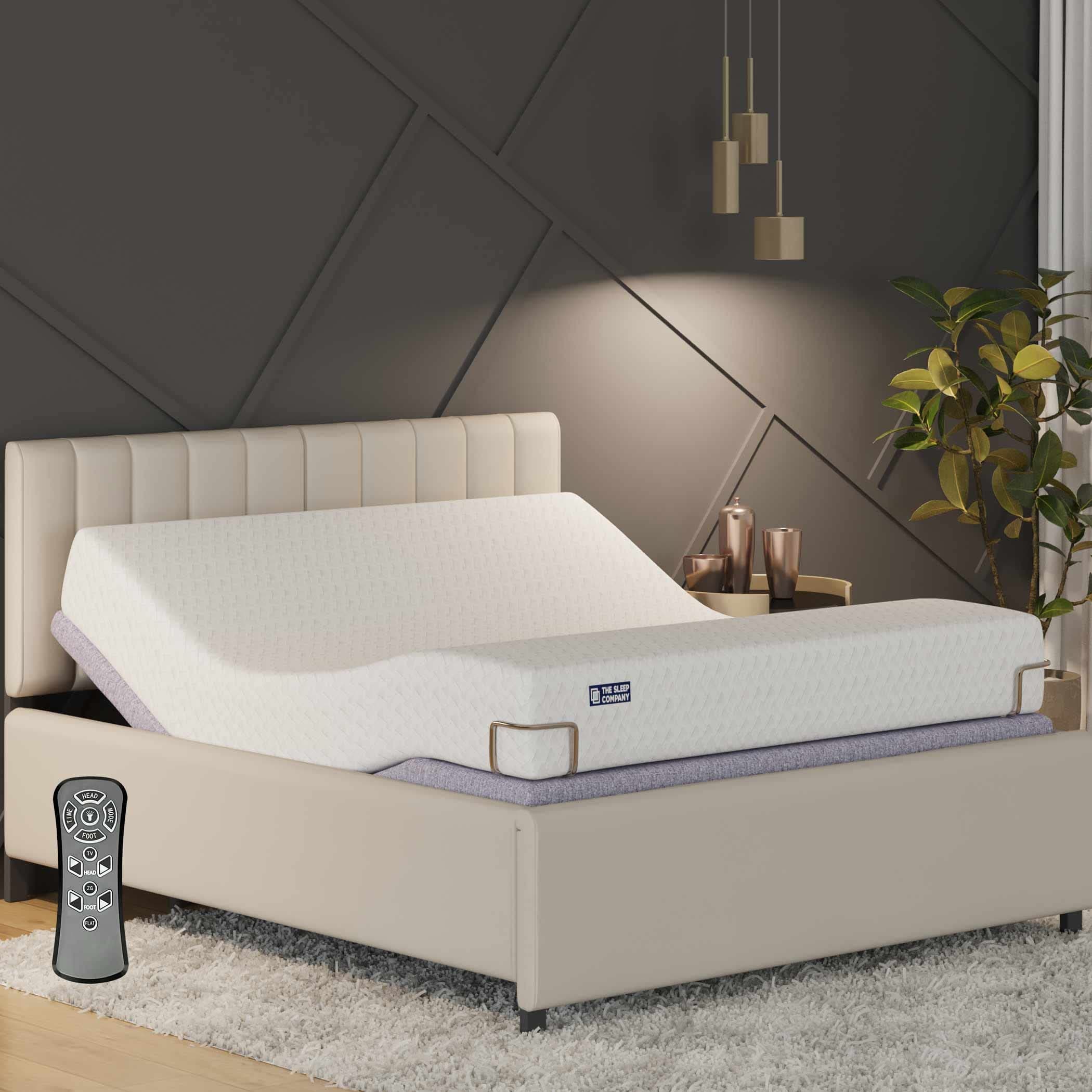 The Sleep Company Metal Elev8 Smart Recliner Bed|Bed Base With Italia Beige Frame+Ortho 8" Mattress|Premium Smart Adjustable Bed|In-Built Massage Mode & Zero Gravity Sleep Mode|King Size, Carbon Steel
