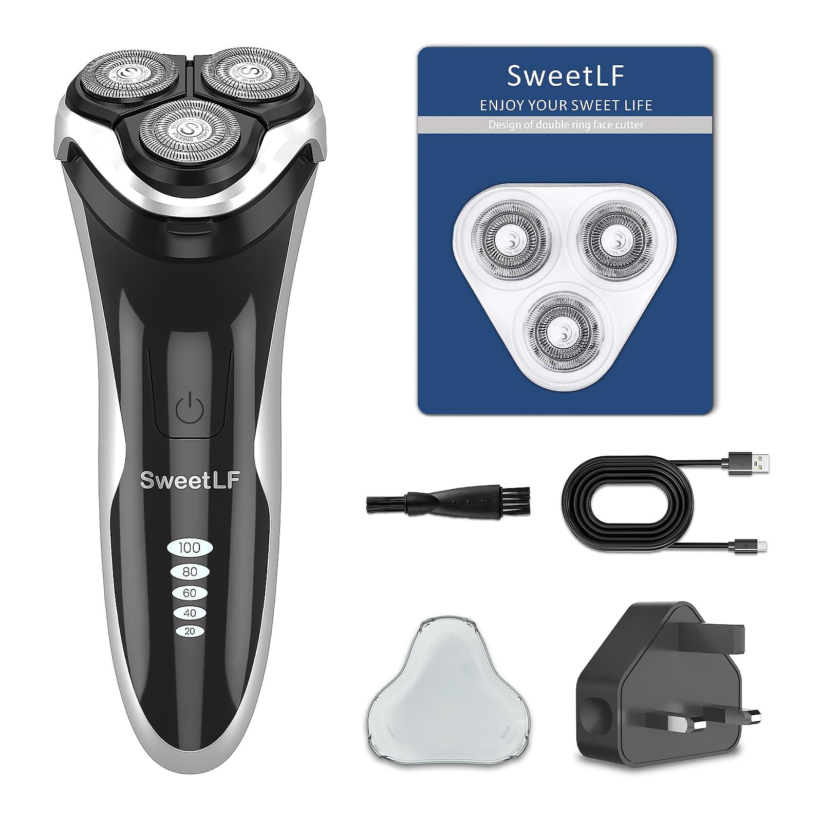 SweetLF Electric Shavers for Men, Rechargeable Cordless Razor, IPX7 Waterproof with Beard Trimmer, LED Display, 3 Replacement Blades, 60-Min Quick Adapter for Home Travel