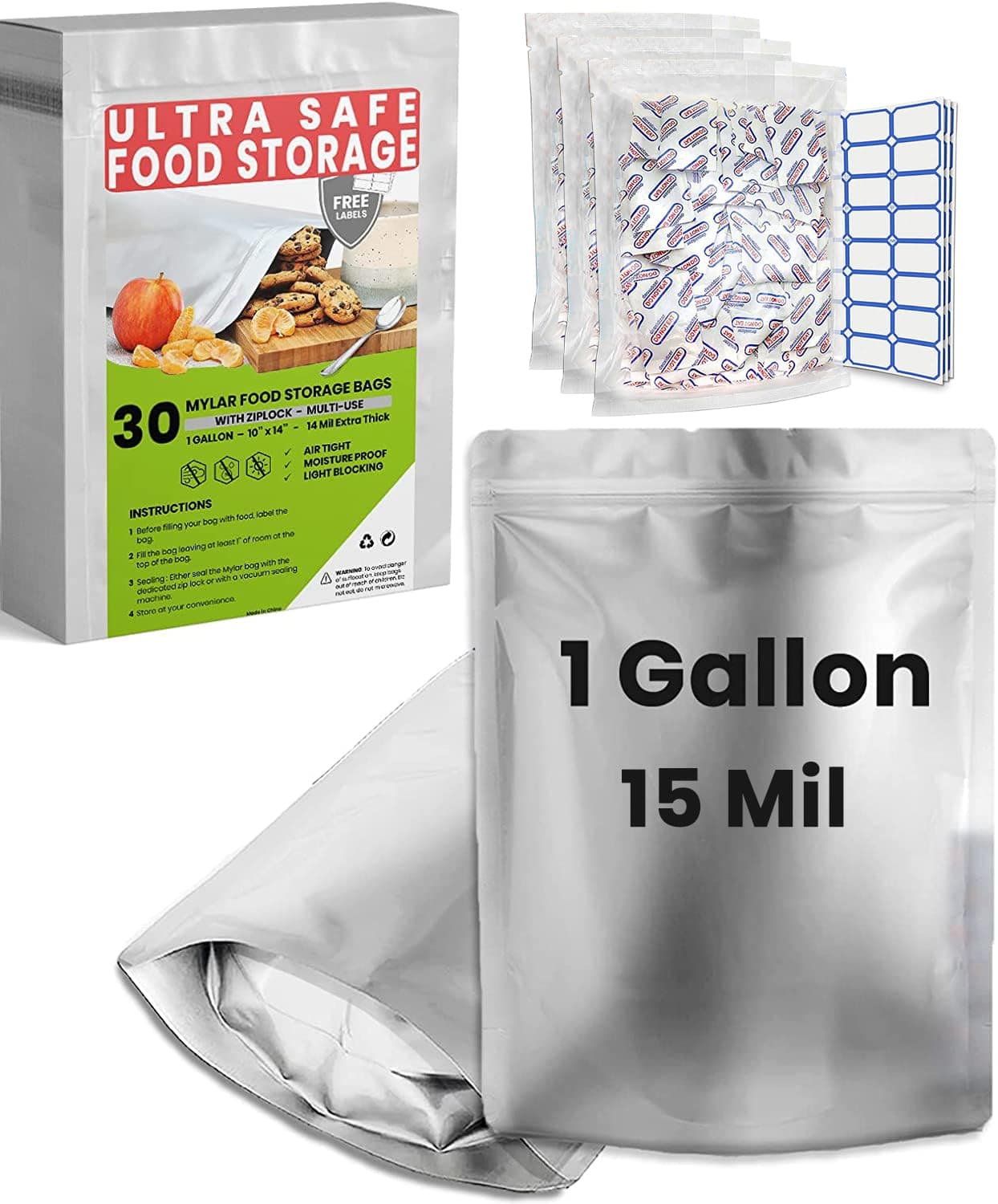 30pcs Mylar Bags for Food Storage with Oxygen Absorbers - Extra Thick 14.8 Mil - 1 Gallon Mylar Bags with Oxygen Absorbers 400cc- Ziplock Resealable Bolsas Mylar con absorbentes - Mylar Bag 1 Gallon