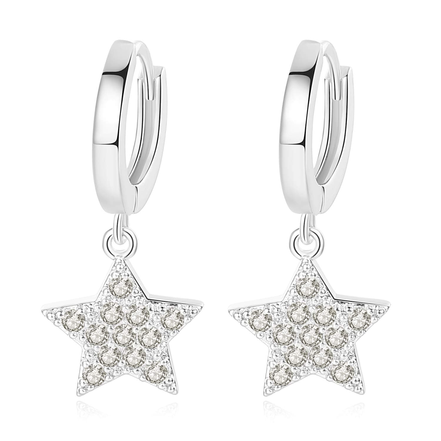 Dainty Small Dangle Hoop Earrings for Women 18K White Gold Plated Delicate Cute Star Dangle Earrings Cubic Zirconia Boho Huggie Earrings