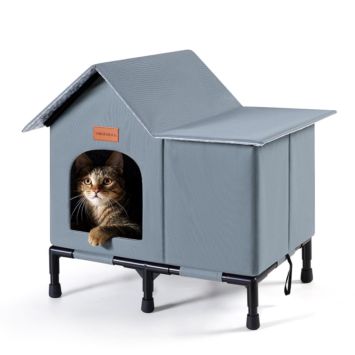 Insulated Cat Shelter Weatherproof Outdoor Cat House with Self-Warming Insulation Raised Bottom and Waterproof Roof for All-Season Protection (Grey, Large)