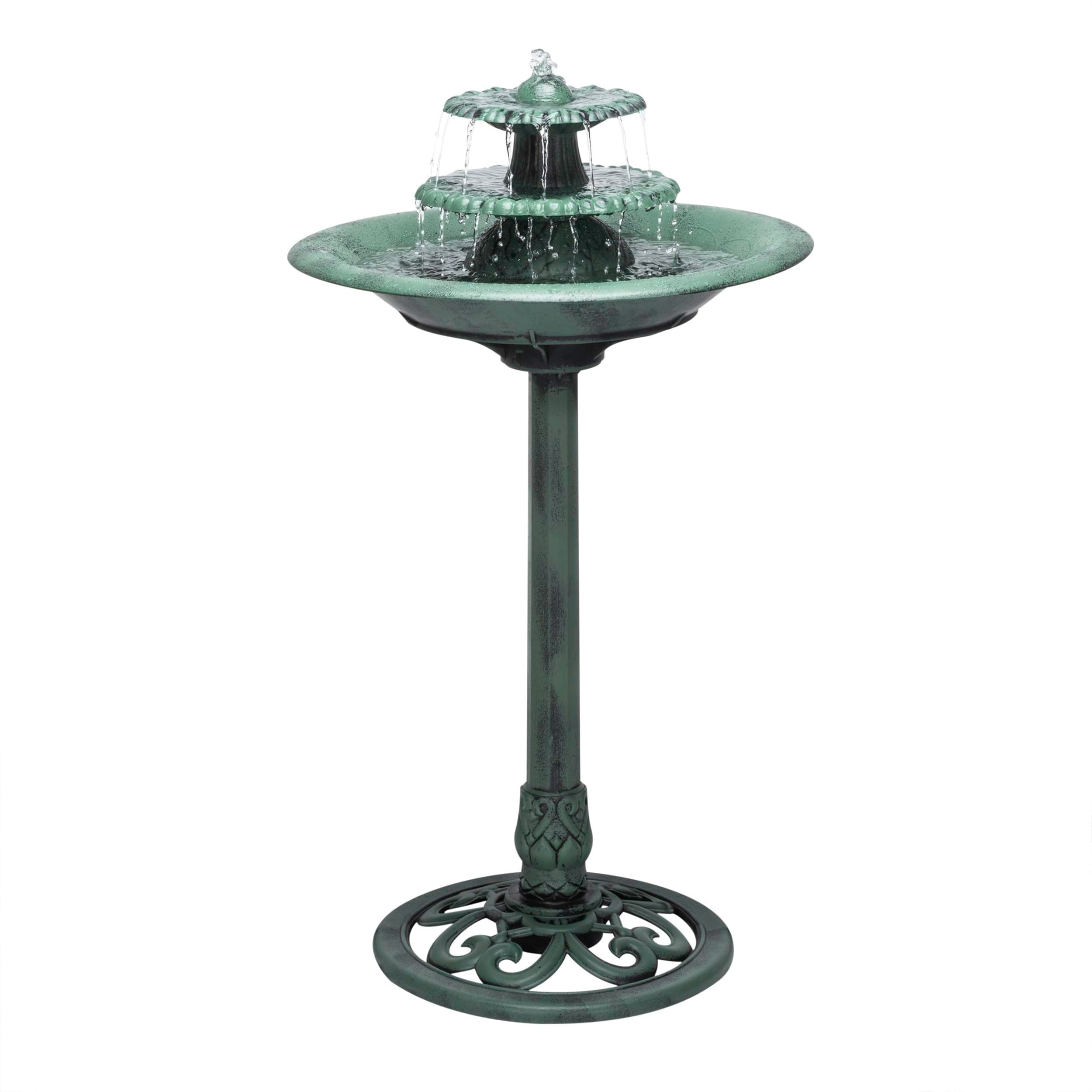 Alpine Corporation TEC106 Outdoor Floor 3-Tiered Pedestal Water Fountain and Birdbath, Pedestal Waterfall Fountain, 35", Green