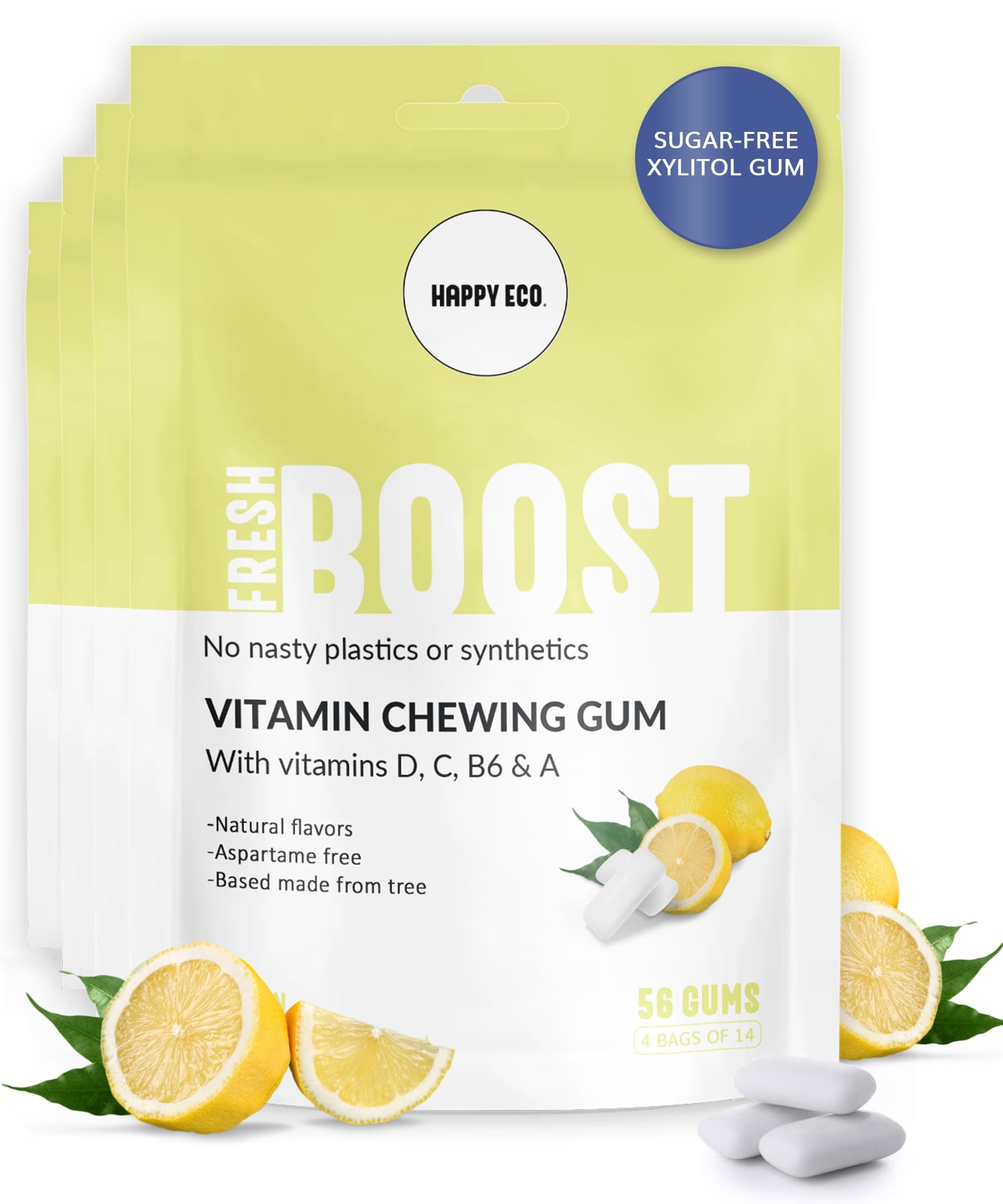 Xylitol Gum 4 Pack (56 Pieces) - Sugar Free, Plastic Free, Natural Chewing Gum and Vitamin Gum with Vitamins A,B6,C&D, Boost Gum, Non GMO, Aspartame Free, Vegan, Gluten Free, Keto (Lemon)