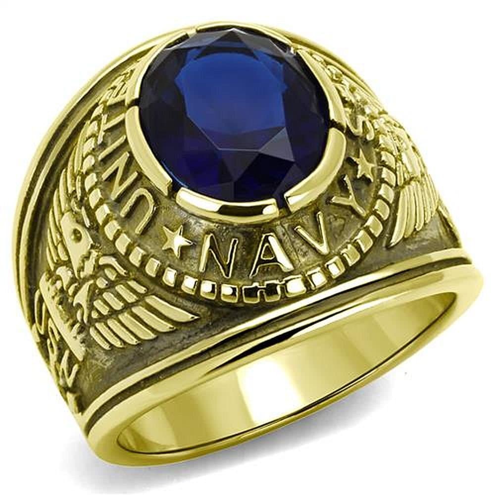 NationalonlinediscountsStainless Steel US Navy USN USA United States Military Veteran Gold Electroplate Blue Oval Stone Ring sizes 8,9,10,11,12,13 & 14