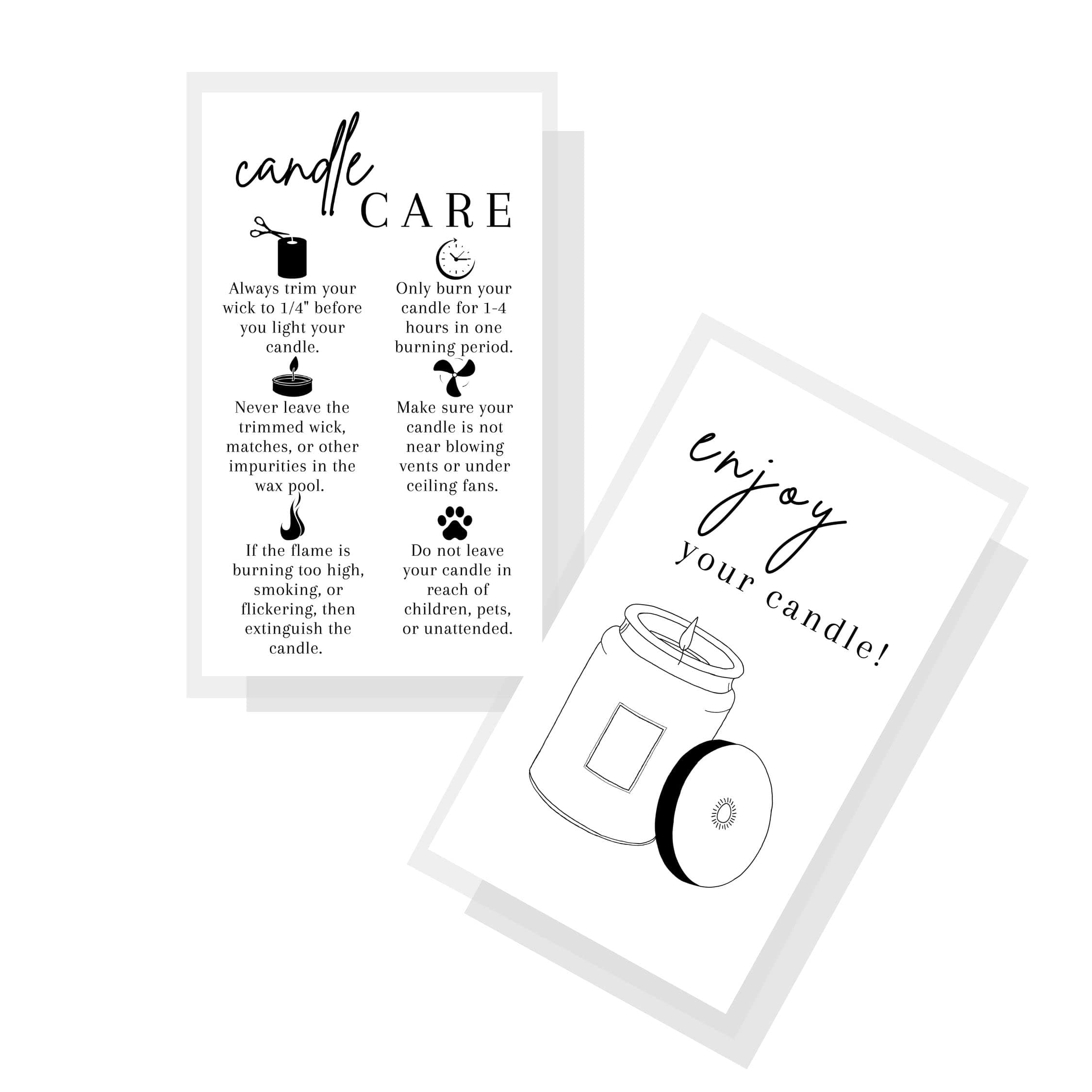 Candle Care Instruction Cards | 50 Pack | 2 x 3.5” inch Business Card | Candle Care Supplies | Black and White Minimalist Plain Soy Small Business