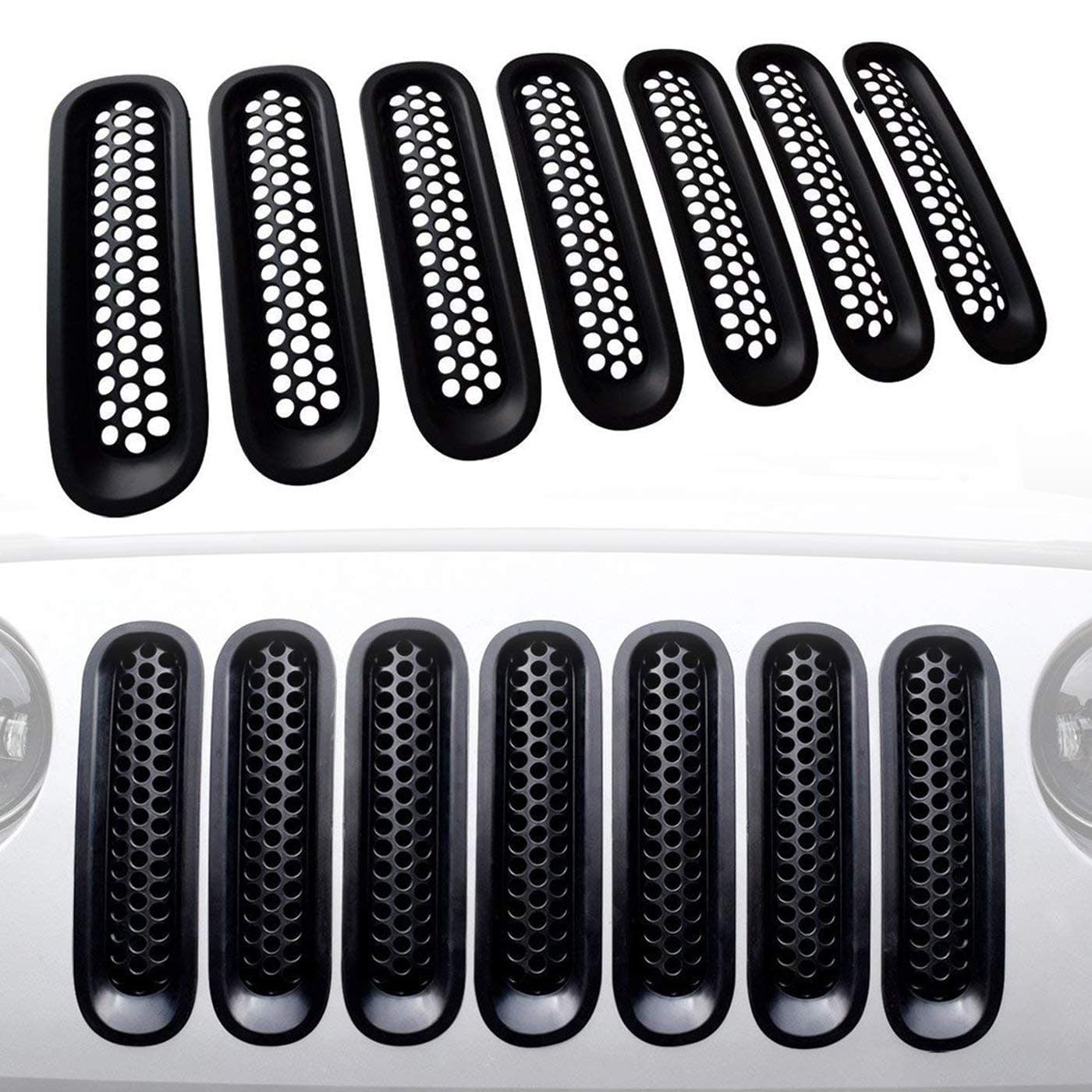 Front 7pcs Grill Mesh Grille Insert Mesh Front Guard Clip in Replacement for 2007-2015 Jeep JK Wrangler Unlimited Rubicon Sahara Black