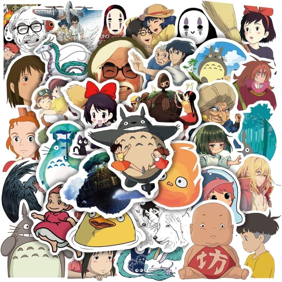 Studio Ghibli Anime Stickers - Miyazaki Character Decals for Laptop, Car, Phone - Water-Resistant Japanese Cartoon Sticker Pack (50pcs)