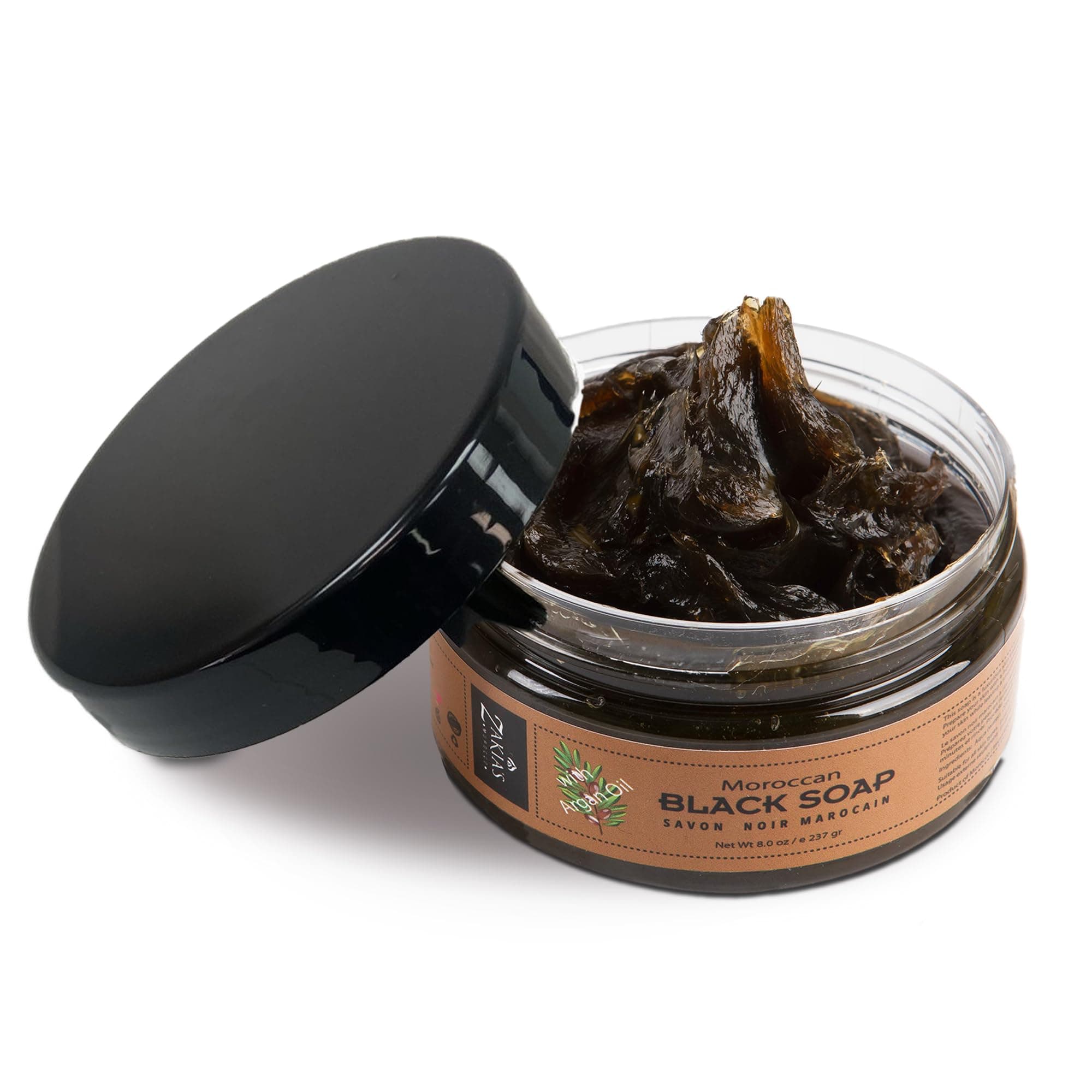 Zakia's Morocco Black Soap (Beldi Soap) with Argan Oil - 100% natural Moroccan Black Soap, Body Scrub, Pure & Natural, Purifying, Cleansing, exfoliating for Hammam Ritual- 8.0 Oz / 226gr