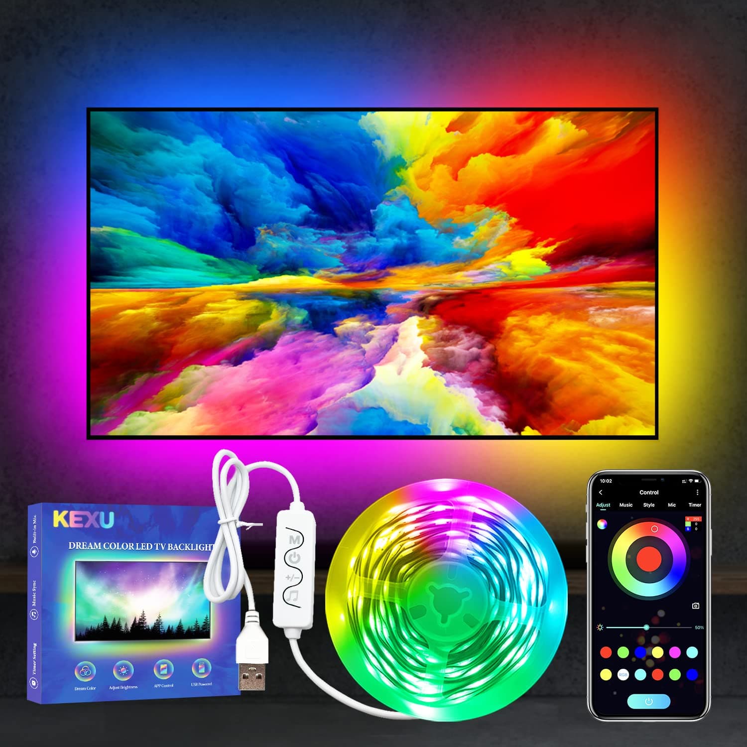 LED Light 32.8ft for TV 70-130 inch, KEXU LED TV Light RGB/IC Color Changing Music Sync Smart TV LED Strip Lights, Bluetooth App Control LED TV Backlight for HD TV Computer Monitor Decor