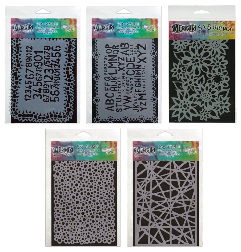 Ranger - Dyan Reaveley - Dylusions Stencils - 5"X8" Set 1 - Numbers, Letters, Flowers, Bubbles & Shattered
