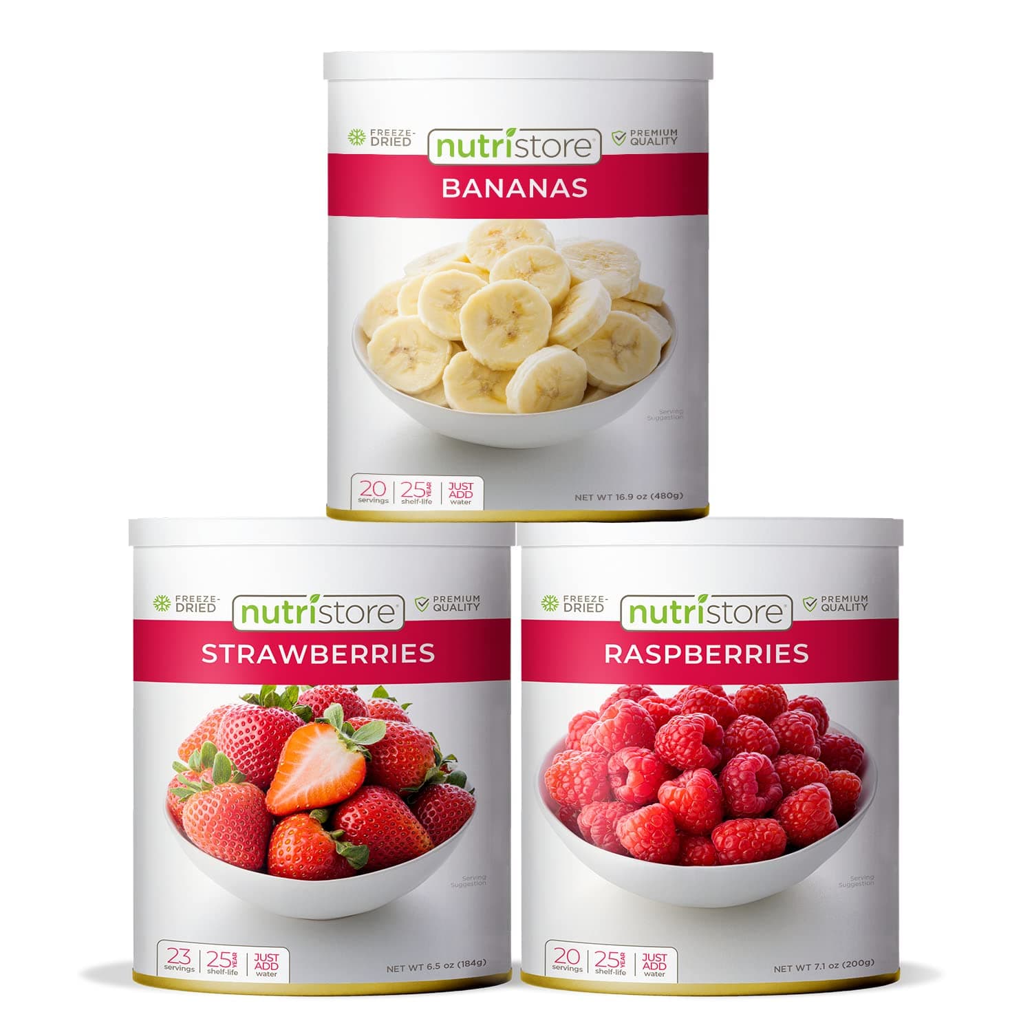 Nutristore Freeze Dried Fruit Variety Sample Pack | Strawberries, Bananas, & Raspberries | Delicious Healthy Snacks | Emergency Survival Food Storage Supply | 60 Servings
