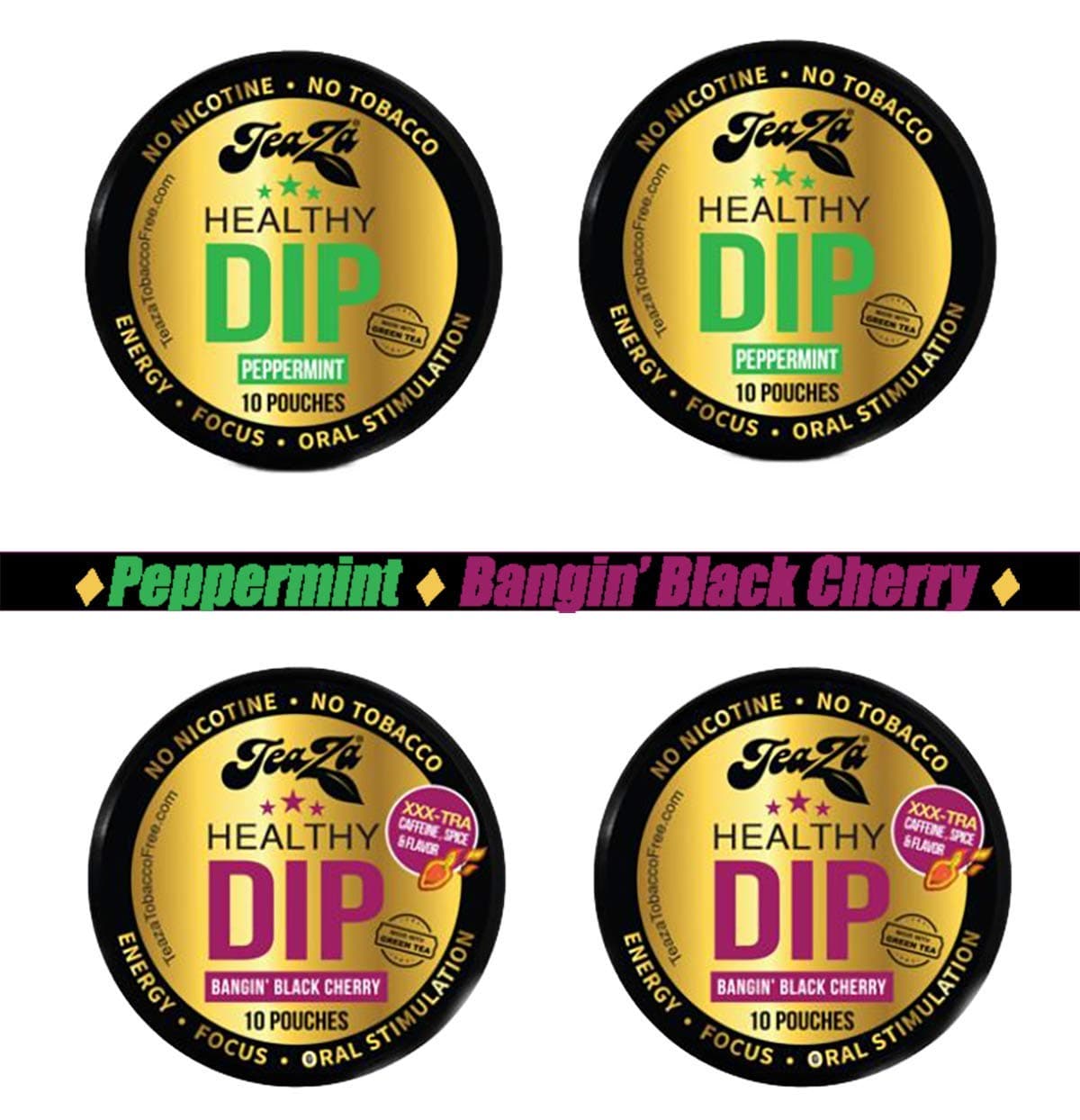 Herbal Energy - Alternative Snuff and Healthy Dip, Caffeine Free - Banging Black Cherry and Peppermint - Bundle