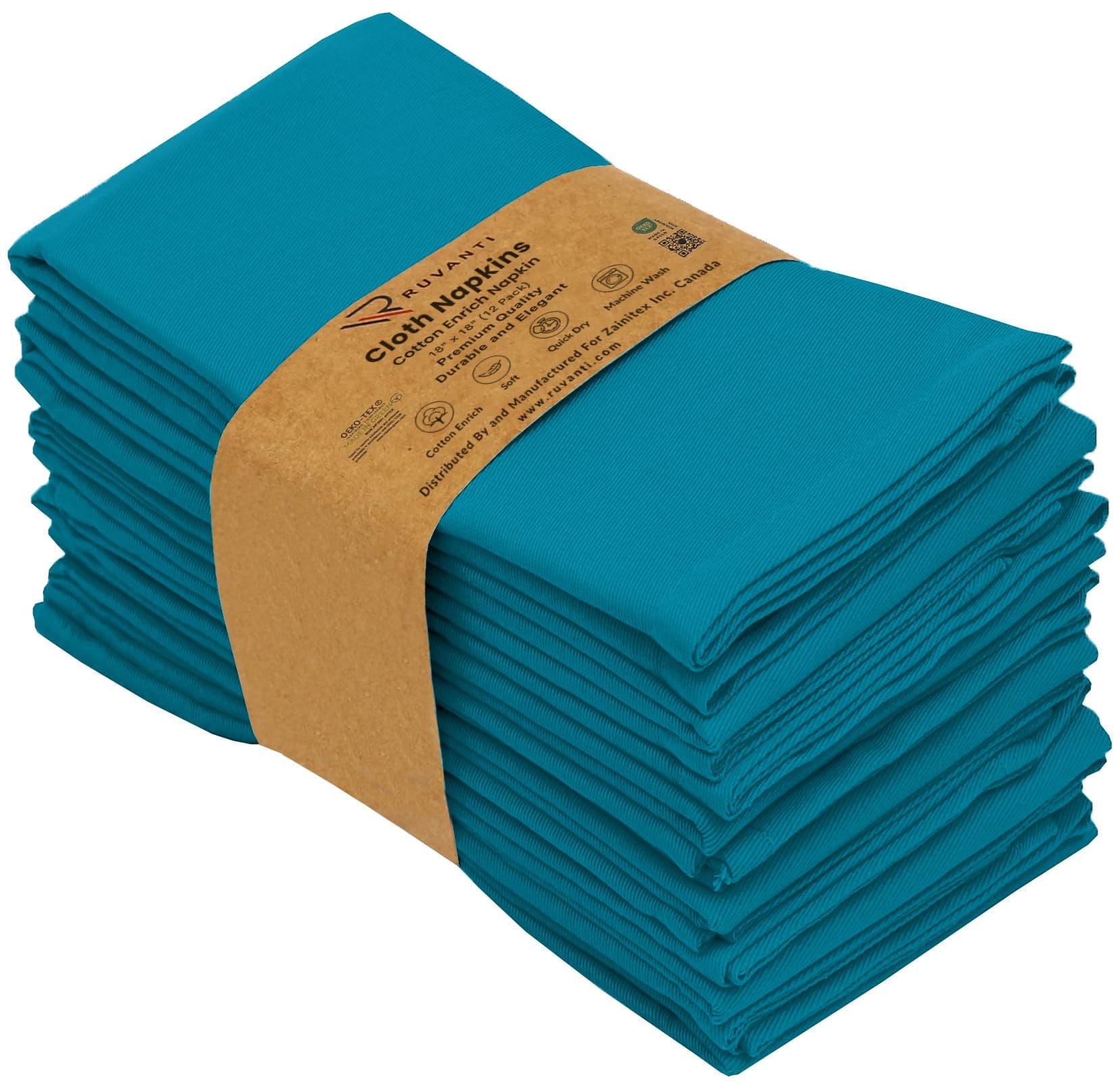 Ruvanti 12 Pack 18x18 Inch Teal Cotton Cloth Napkins