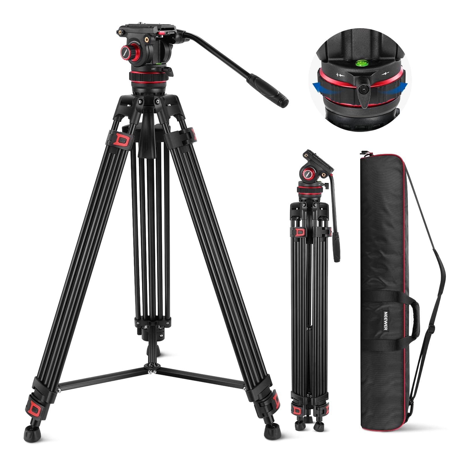 NEEWER 74" Video Tripod with Adjustable Damping Fluid Head, Metal Heavy Duty ...