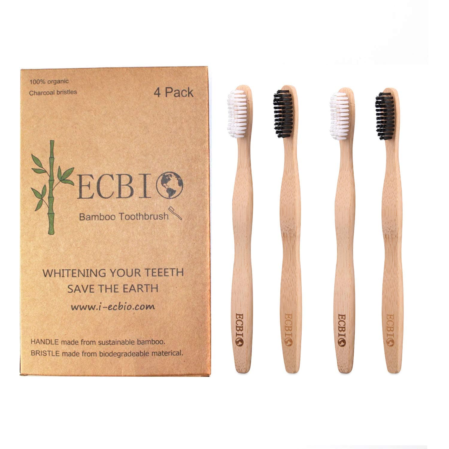 ECBIO Eco-Friendly Natural Bamboo Charcoal Toothbrush Soft Bristles | Biodegradable, Compostable, Eco Friendly, Natural, Organic, Vegan) (B076JBFKGL)