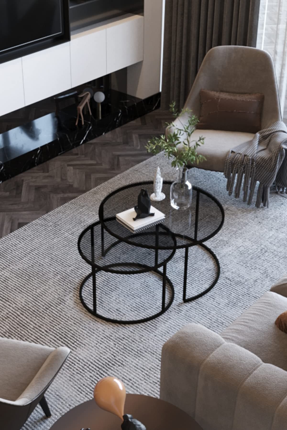 DEKOPRATİKTokyo Coffee Table Round Smoked Glass Set of 2-31.5 Inch - Modern Center Living Room Table Set for Sala, Easy Assembly, Black Metal Frame, Mesas de Centro para Sala