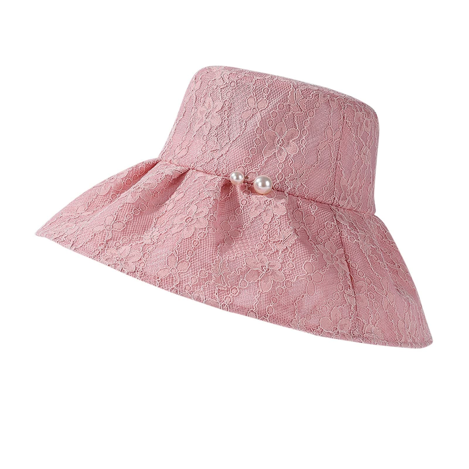 XIAOFEI Womens Outdoor Big Head Big Head Sun Hat Lace Bucket Hat Chin Tie Straw Hat (Pink, One Size)
