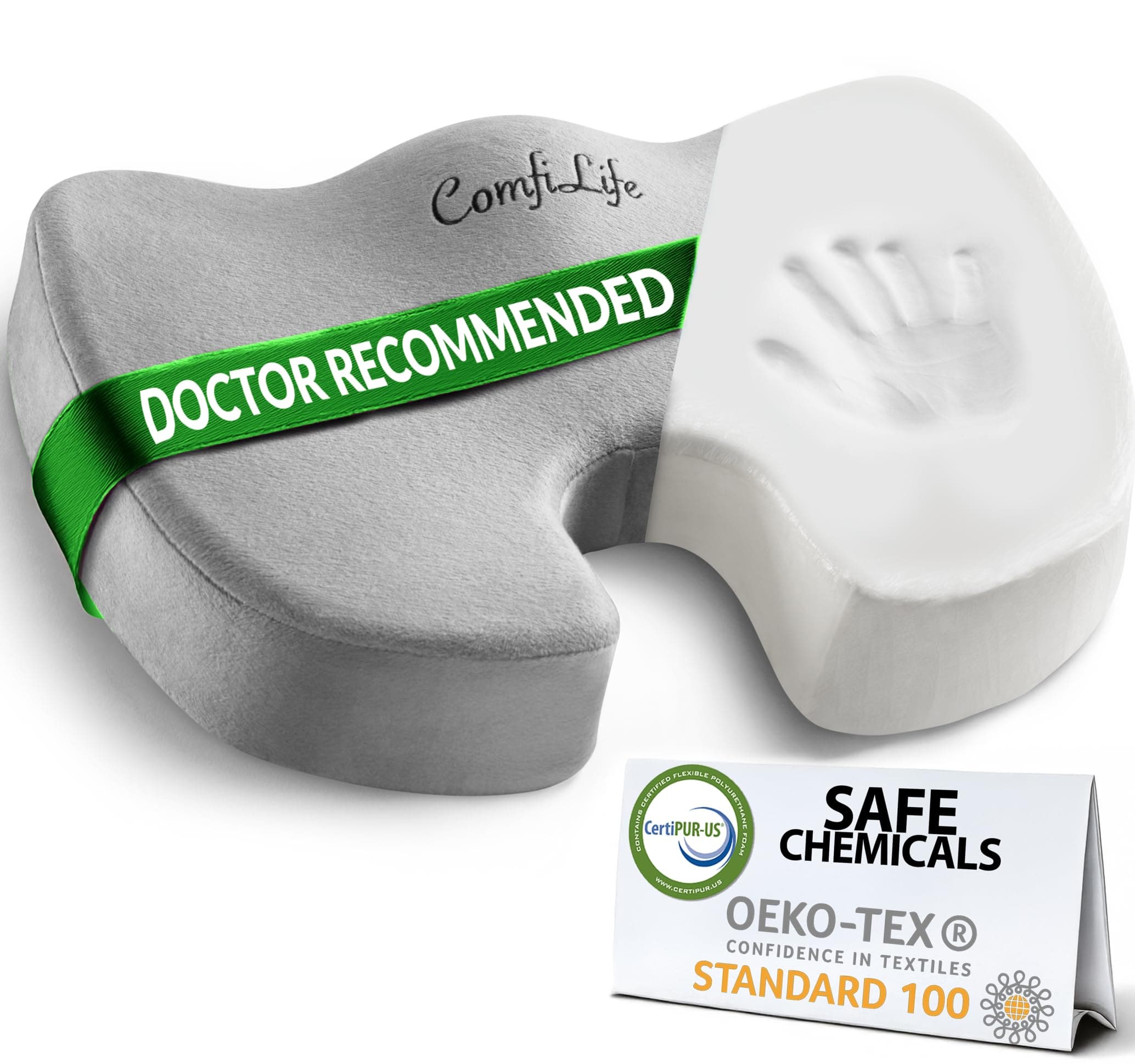 Coccyx Orthopedic Memory Foam Office Chair and Car Seat Cushion for Back Pain and Sciatica Relief (Gray)