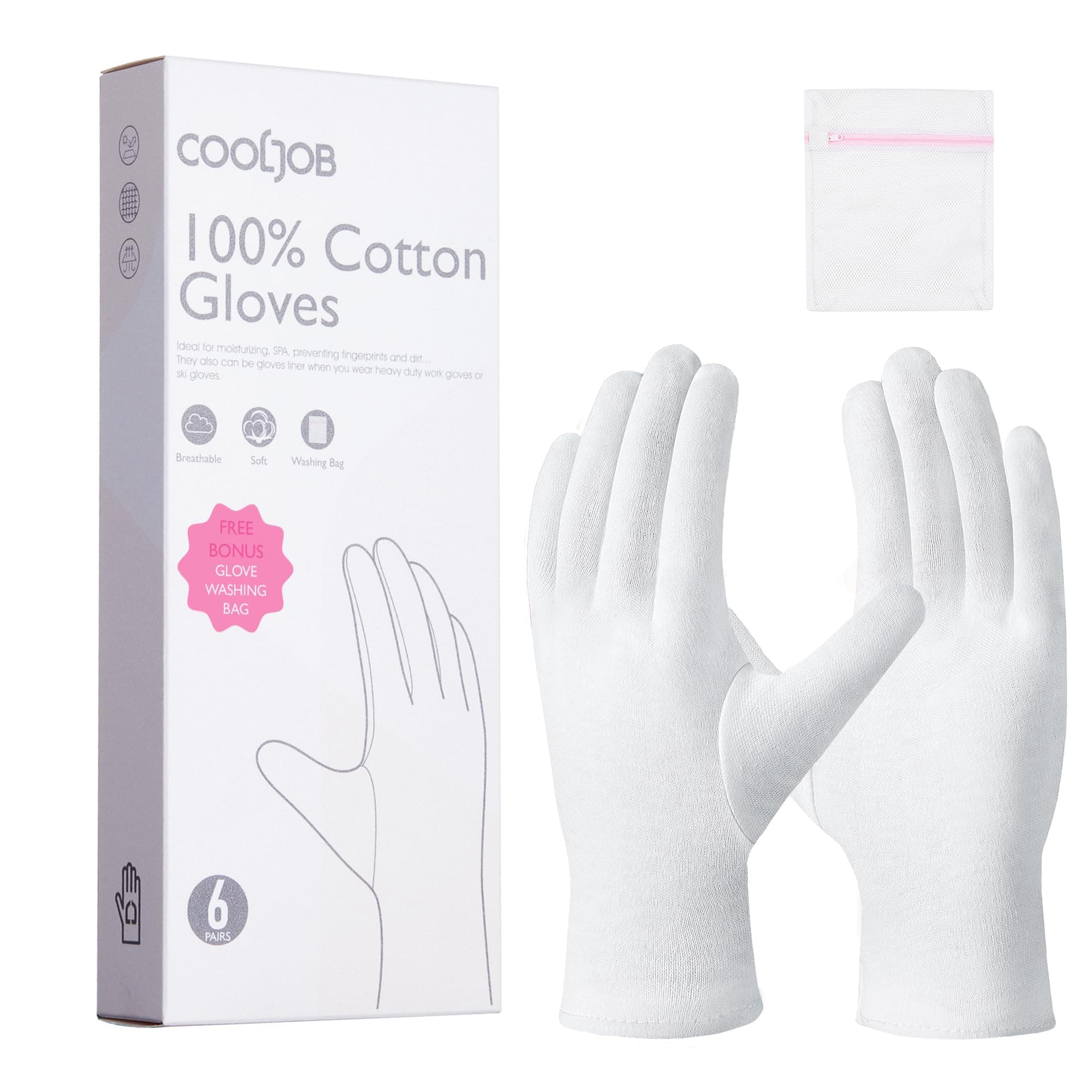 COOLJOB 100% Cotton Gloves, 6 Pairs White Cotton Gloves for Dry Hands Moisturizing & Eczema, Overnight Lotion, Sleep & Spa Treatment for Women & Men, Breathable Work Glove Liners, Large Size