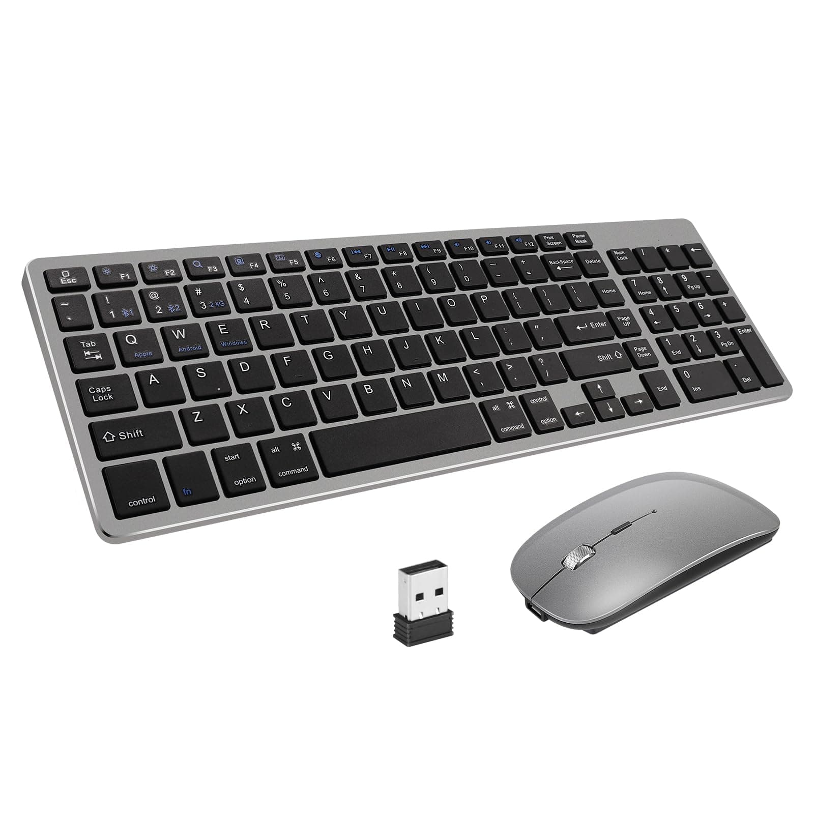 Wireless Keyboard and Mouse Combo-Bluetooth & 2.4G Connection,Silent and Ultra-thin Design,Stylish Metallic Look,Compatible Android/iOS/Windows,Keyboard and Mouse Set for Office Home (36.6X11.9)