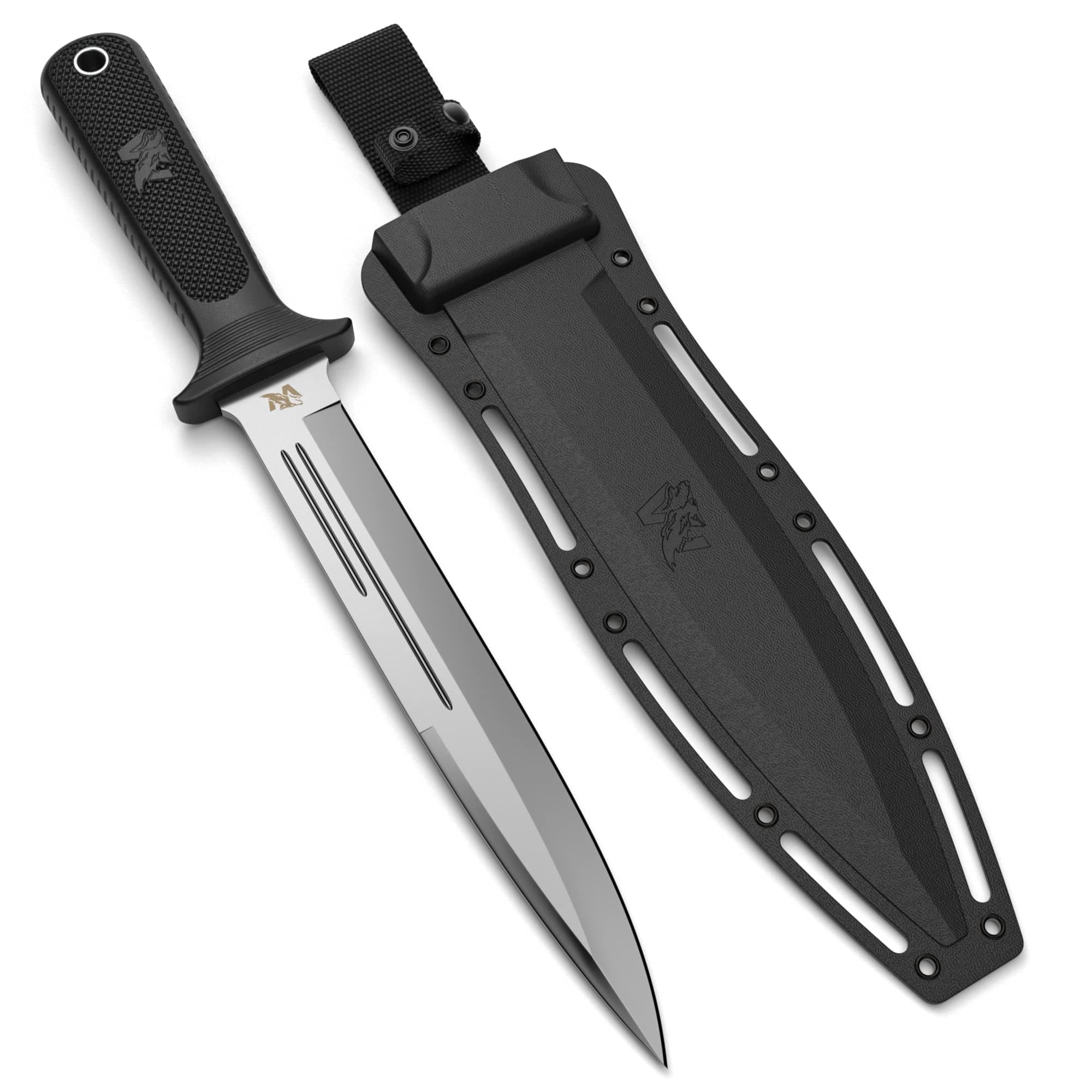 ODENWOLF W-Catcher Fixed Blade Knife with Sheath - Large Hunting-Knife made of D2 steel - Big Fixed Blade Knives with Non-Slip TPE Handle - Full Tang Survivalknife for Outdoor Activities