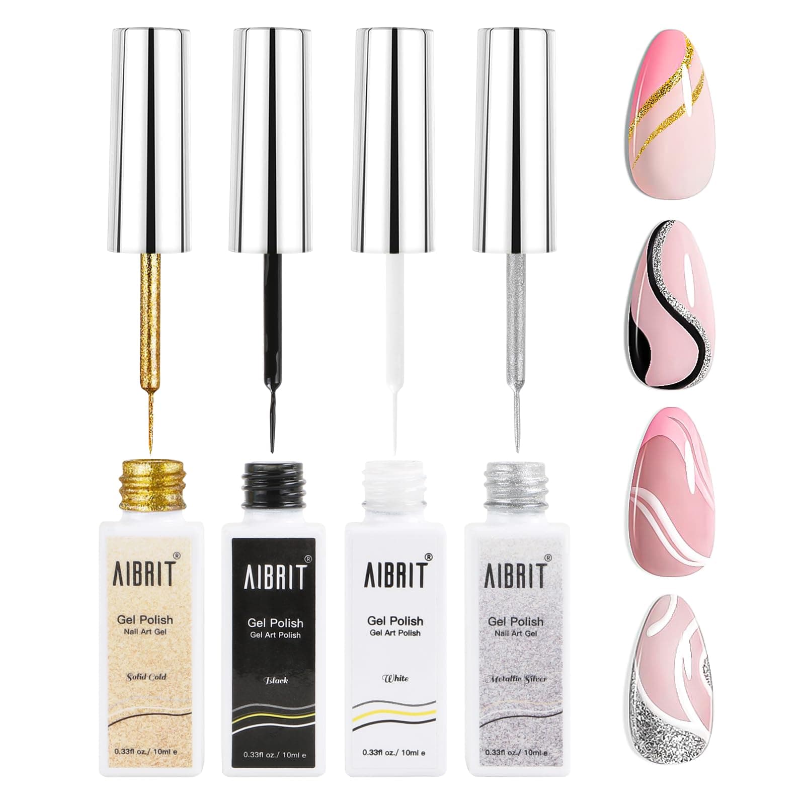 AIBRIT Gel Liner Nail Art Polish Set 10ml, 4 Colors Black White Gold Silver Nail Design Paint with Thin Nail Art Brush in Bottle for Swirl Nails Euphoria Nail French Tips Manicure Painting DIY at Home