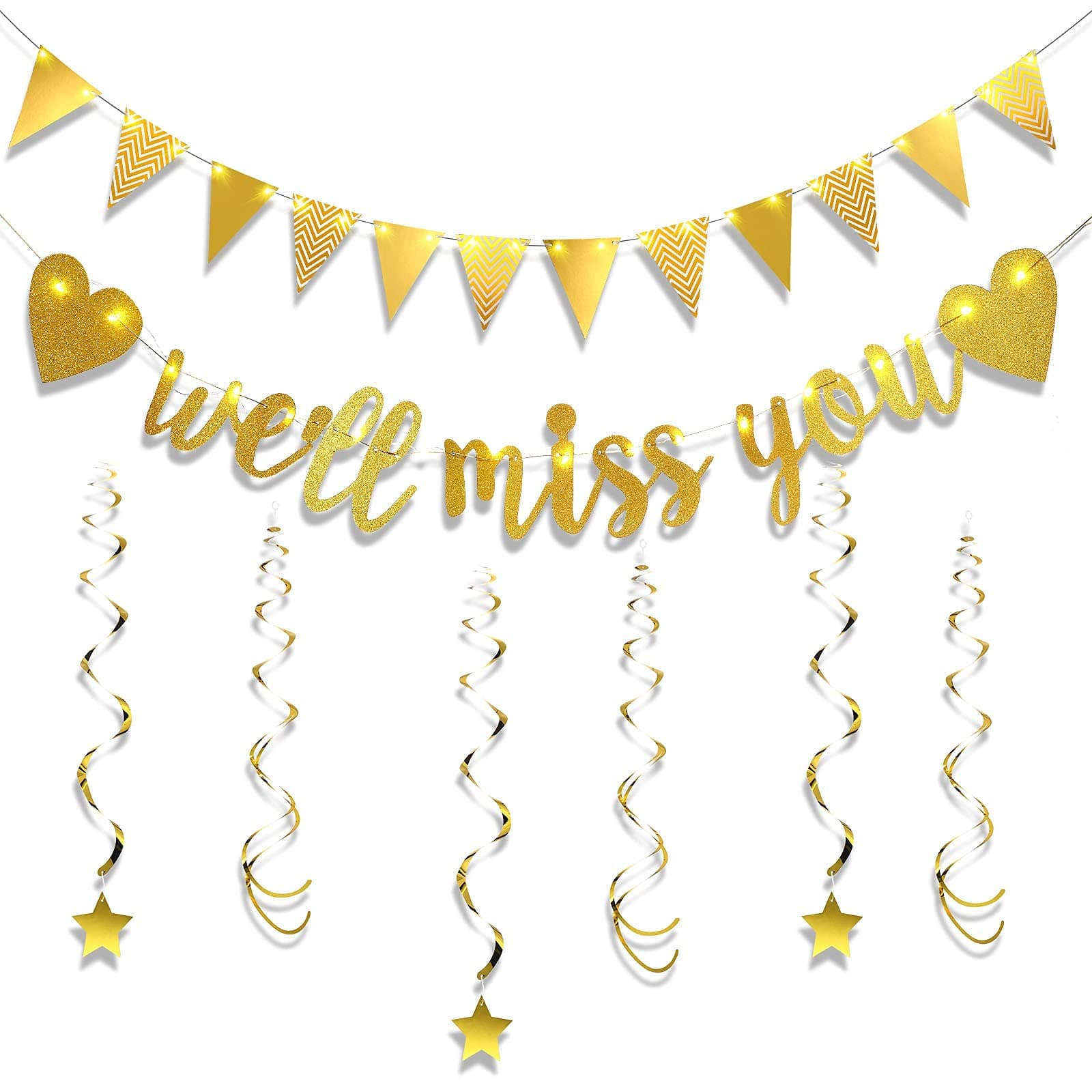 Festiko® Miss You Decorations Kit, Going Away Farewell Sign Banner Gold Glitter Triangle Flag Star Swirl Led Fairy String Banner Décor for Retirement Office Work Job Chang Party Supplies- 10 Pcs