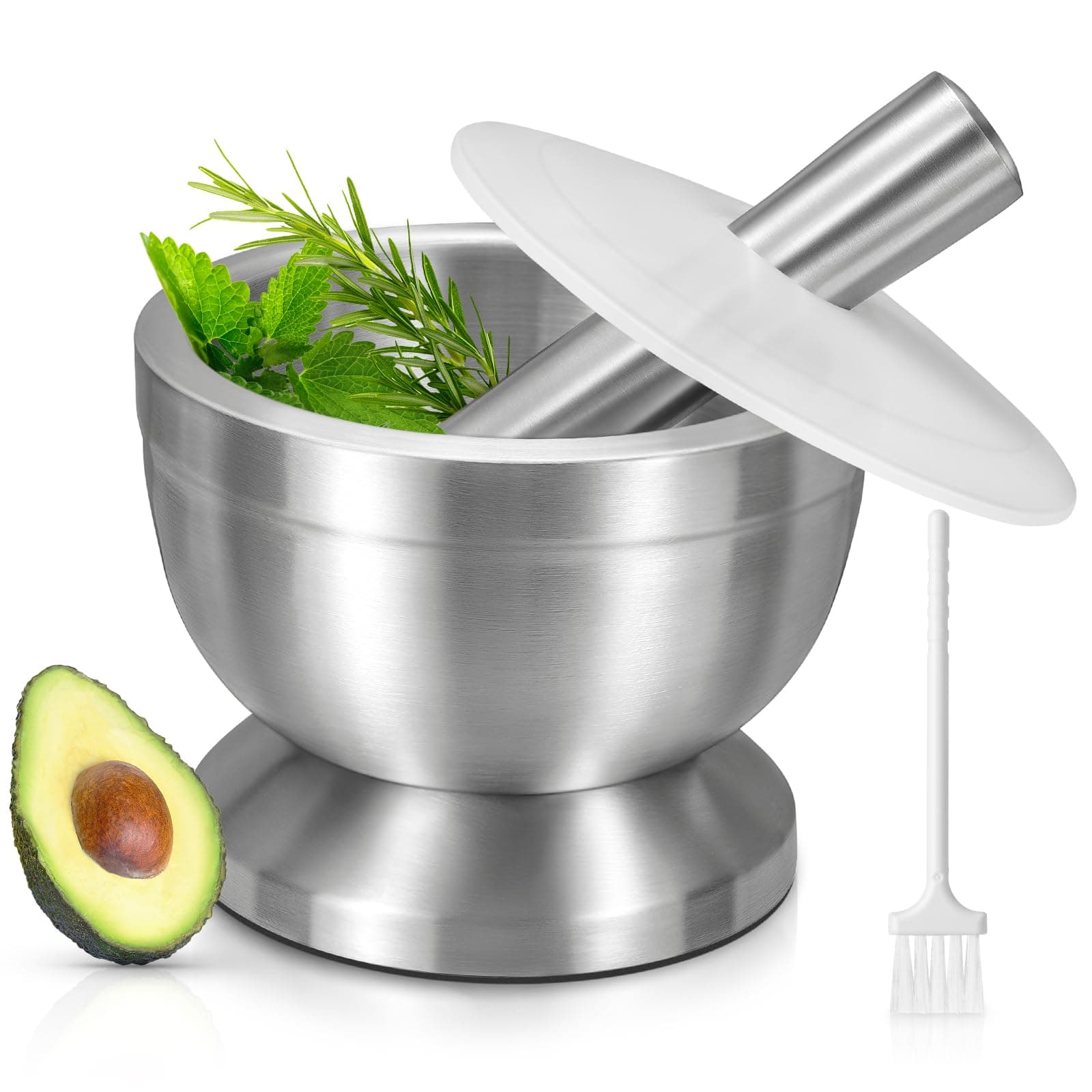 Sopito Pestle and Mortar Set Stainless Steel Mortar Bowl and Pestle with Lid and Anti Slip Base,Food Safe,10cm(3.9") Diameter