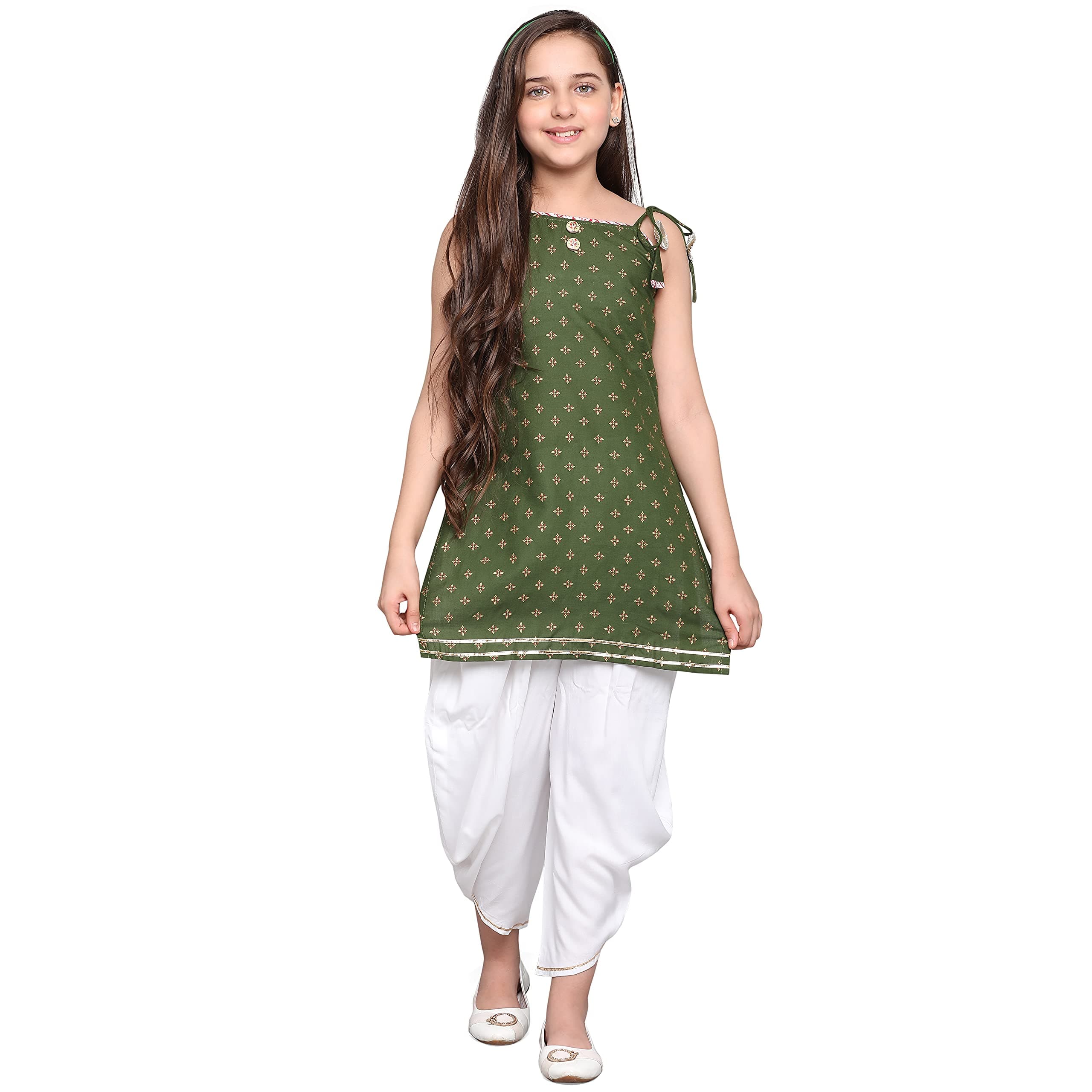Curly Tales Poly Cotton Indo Western Style Dress Foil Printed Top Kurti/Kurta Paired with Dhoti Pant for Teens Girls.