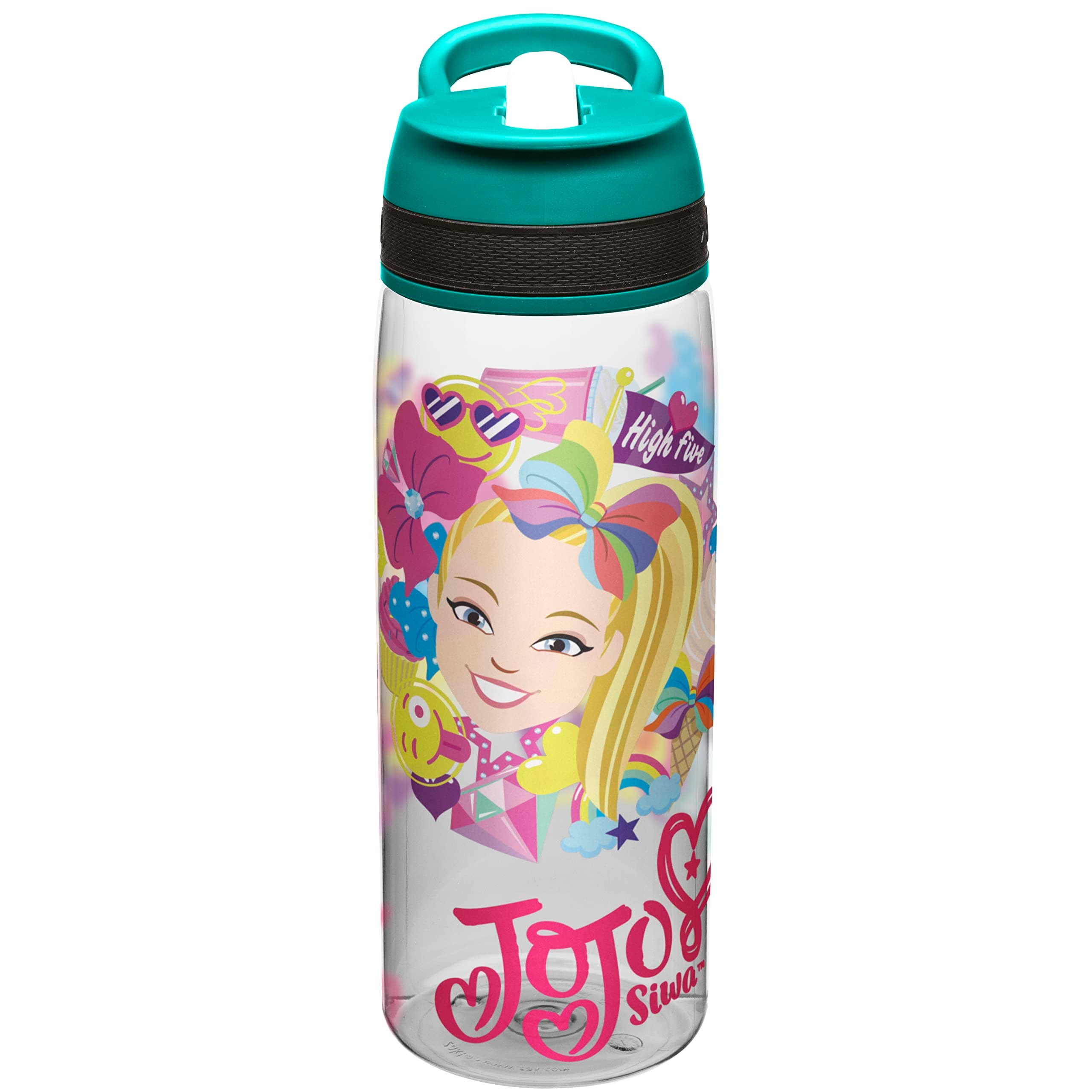 Zak Designs Jojo Siwa Kids Water Bottle with Straw and Built in Carrying Loop, Durable Water Bottle Has Wide Mouth and Break Resistant Design is Perfect for Kids Girls (25oz, Green, Plastic, BPA Free)