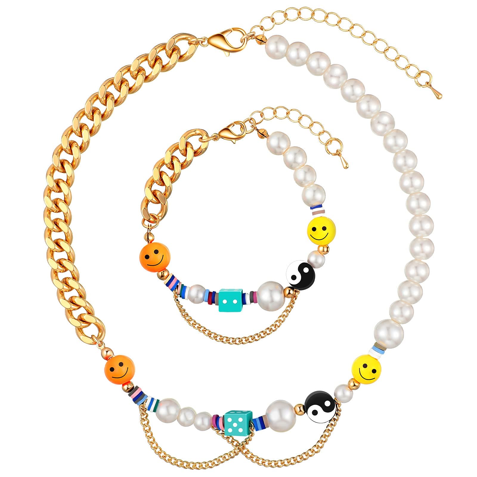 Happy Go Lucky Necklace Lucky Bracelet Smile Face Yin Yang Colorful Pearl Beads Necklace Bracelet Bohemia Charm Choker Necklace for Girls