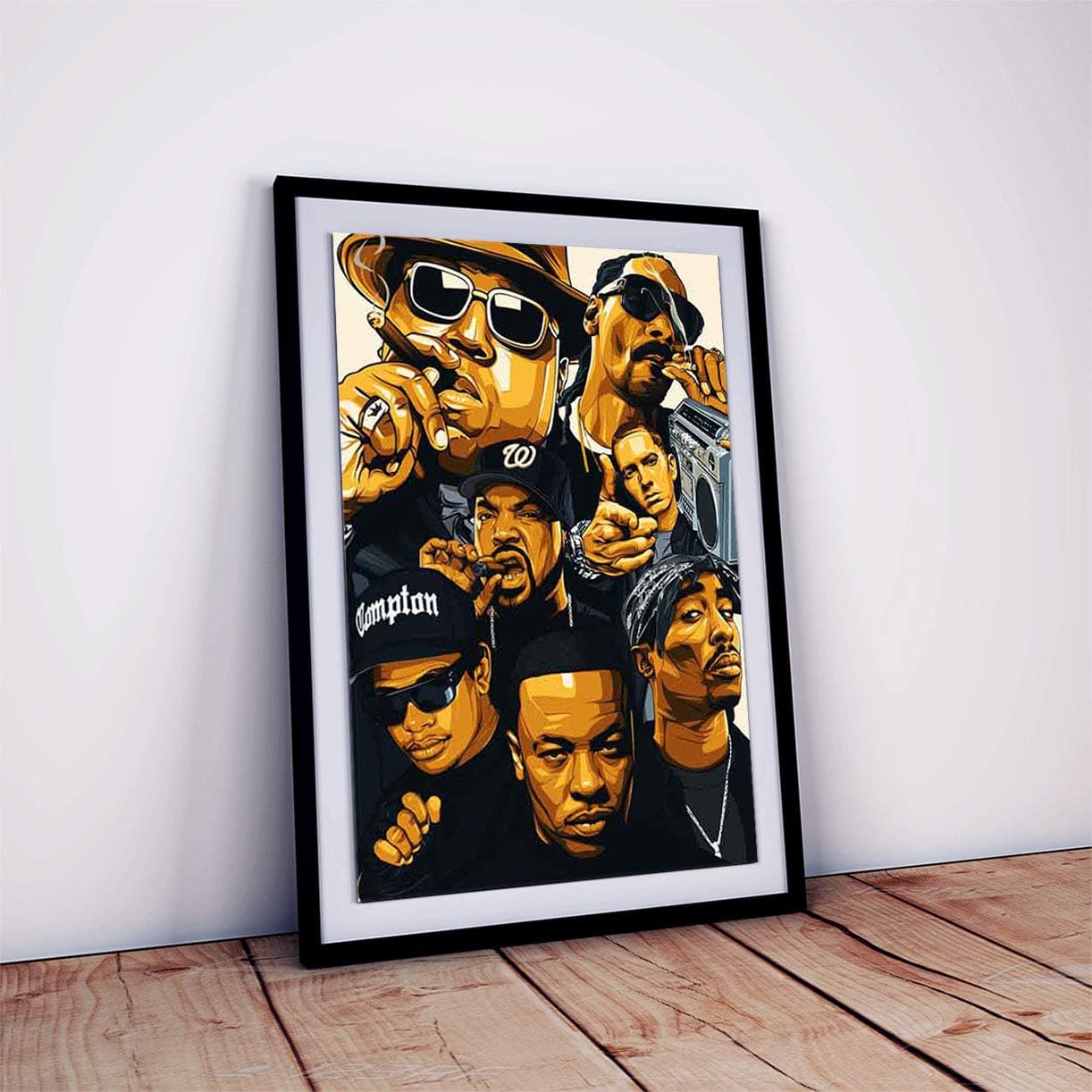 One click creations West Cost Rappers Snoop Dog, Dr. Dre, Tupac Shakur, Ice Cube, Eminem Framed Poster