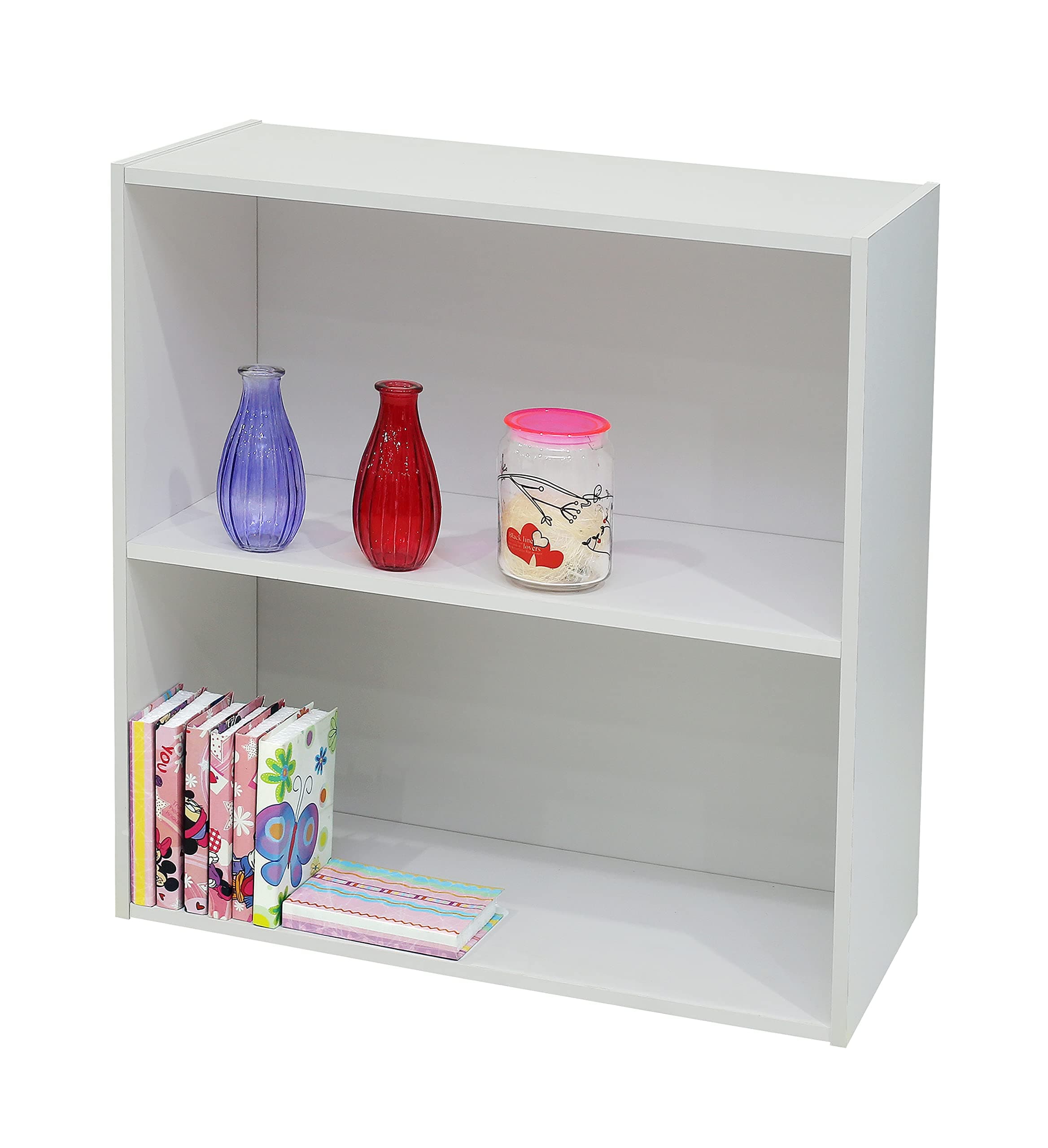 2 Tier Open Shelf Bookcase Storage Organizer, White Wood, Contemporary.