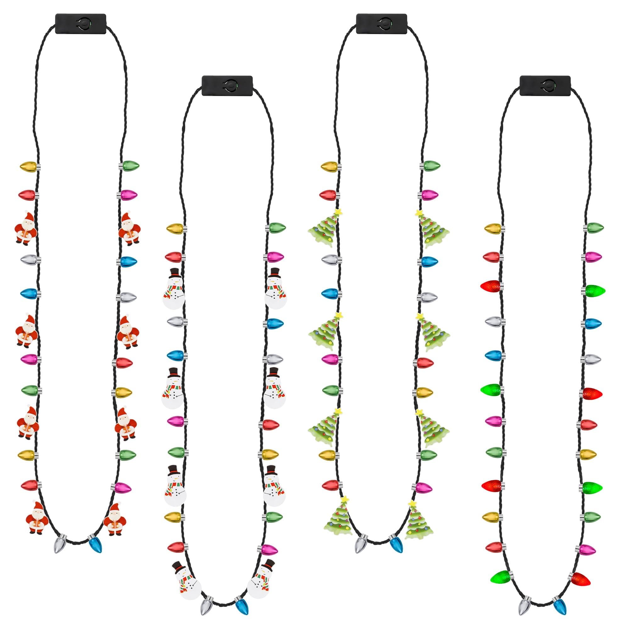 Christmas Necklace, 4Pcs Light Up Christmas Necklace, Glowing Bulb Xmas Tree Santa Candy Cane Necklaces, 3 Modes Colorful Xmas Party Favors, Ugly Xmas New Year Eve Party Supplies Accessories