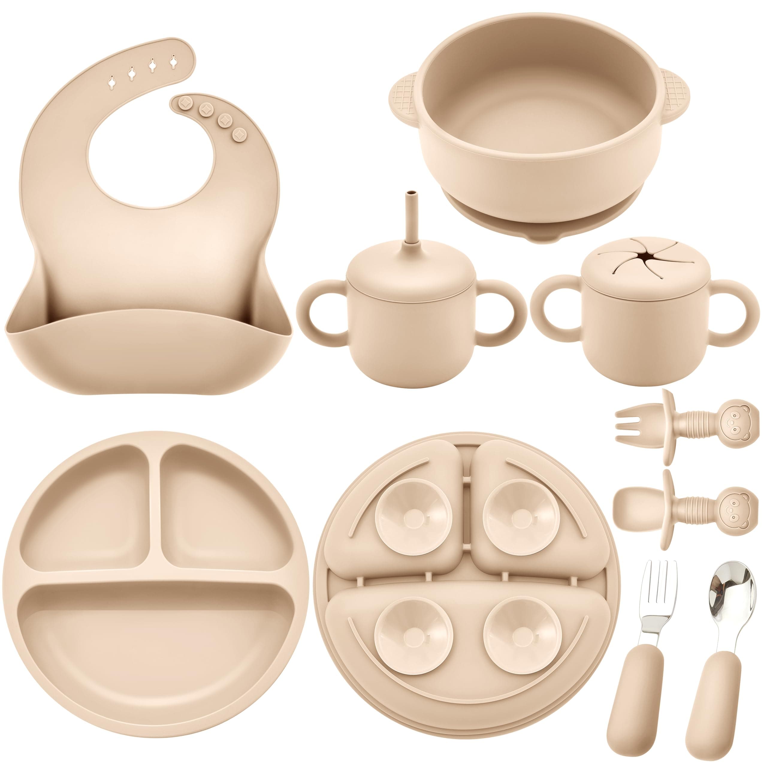 BufimsSilicone Feeding Set, Baby Led Weaning Supplies, Eating Utensils Including Suction Plate, Suction Bowl, Sippy Cup with Lid, Snack Container, Pocket Bib and Forks Spoons, for 6+ Months, Beige