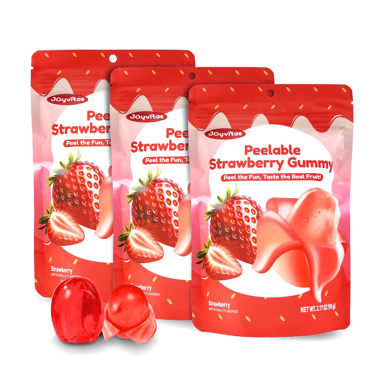 Peelable Gummy Strawberry Candy – Tropical Peeling Gummies Variety Pack, Low Sugar & Low Calorie, Christmas Candy Individually Wrapped, Perfect Stocking Stuffers & Christmas Gifts, Resealable Snacks (3 Pack, 9.53oz Strawberry)